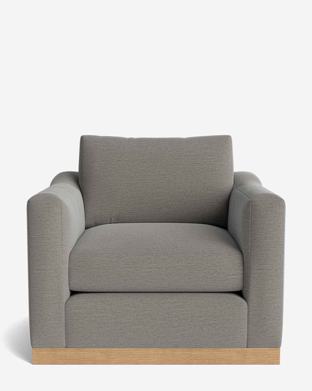 The Vernon Lounge Chair features a modern, wide design with gray customizable upholstery and a light alder wood frame, displayed against a plain white background, by McGee & Co.