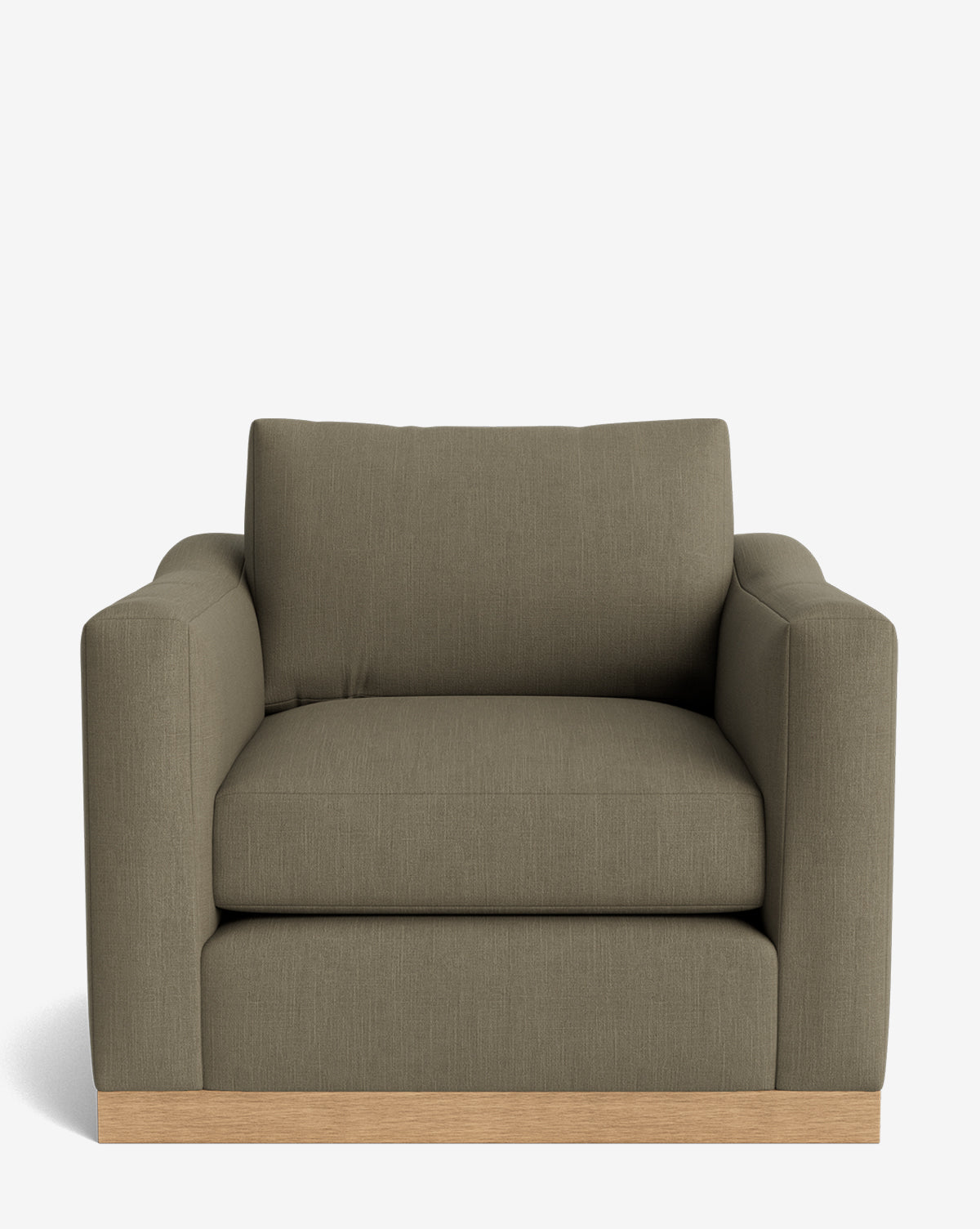 The Vernon Lounge Chair showcases a modern olive green design, wide cushions, and an alder wood frame, seen from the front against a white background. Customizable upholstery lets you add your personal style, by McGee & Co.