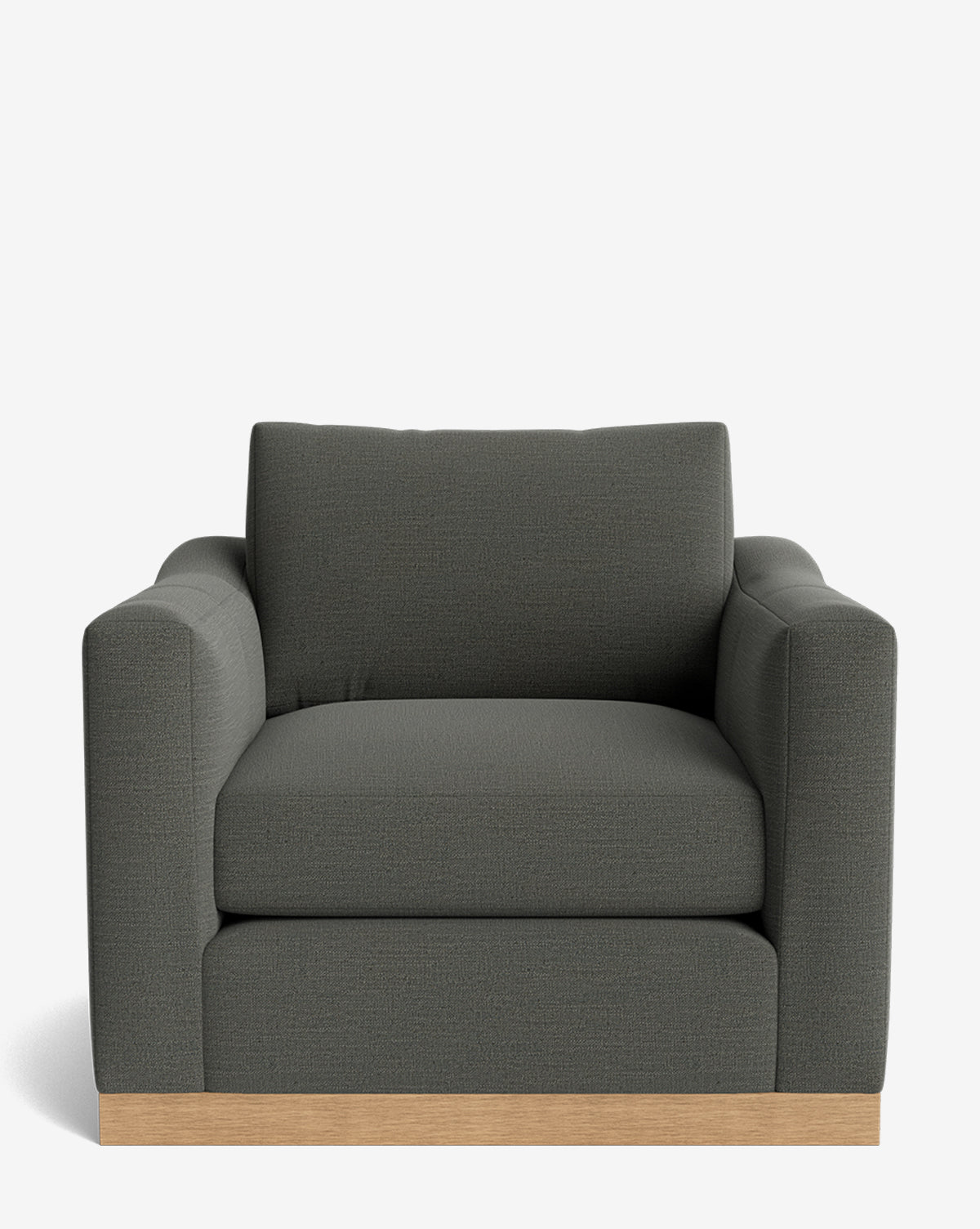 The Vernon Lounge Chair offers customizable upholstery, wide cushioned arms, thick seat and back cushions, and a light alder wood frame, all shown against a plain white background by McGee & Co.