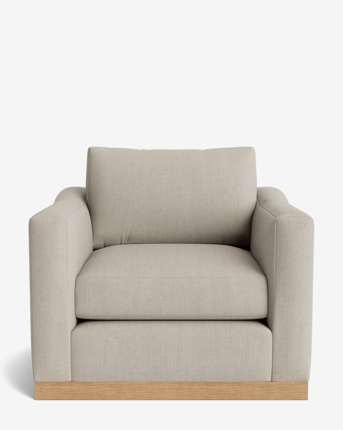 The Vernon Lounge Chair showcases a modern, wide design with customizable light beige upholstery and an alder wood frame, displayed from the front on a white background by McGee & Co.