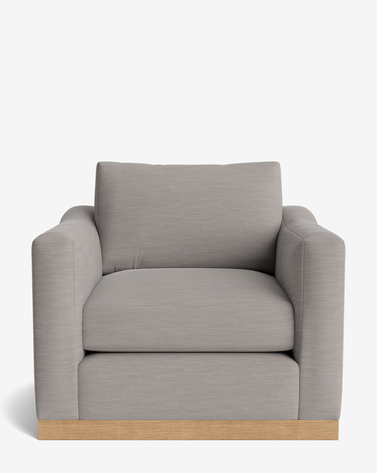The Vernon Lounge Chair boasts a modern design with light gray customizable upholstery, a wide cushioned seat and back, thick armrests, and a sturdy alder wood frame, set against a white background by McGee & Co.