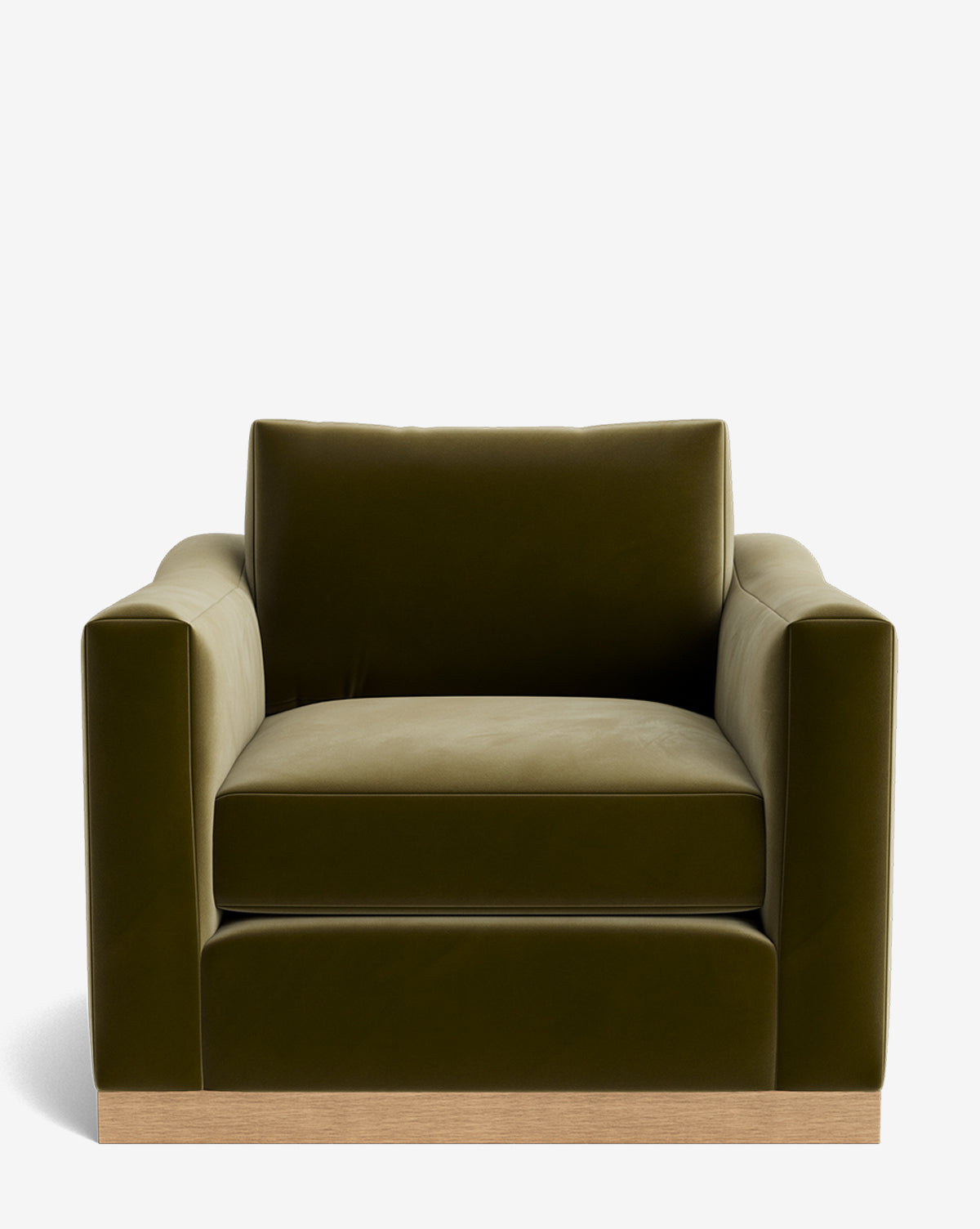 The Vernon Lounge Chair features a modern, boxy design with olive green velvet and a light alder wood frame, shown front-facing against a white background. Customizable upholstery options are available by McGee & Co.
