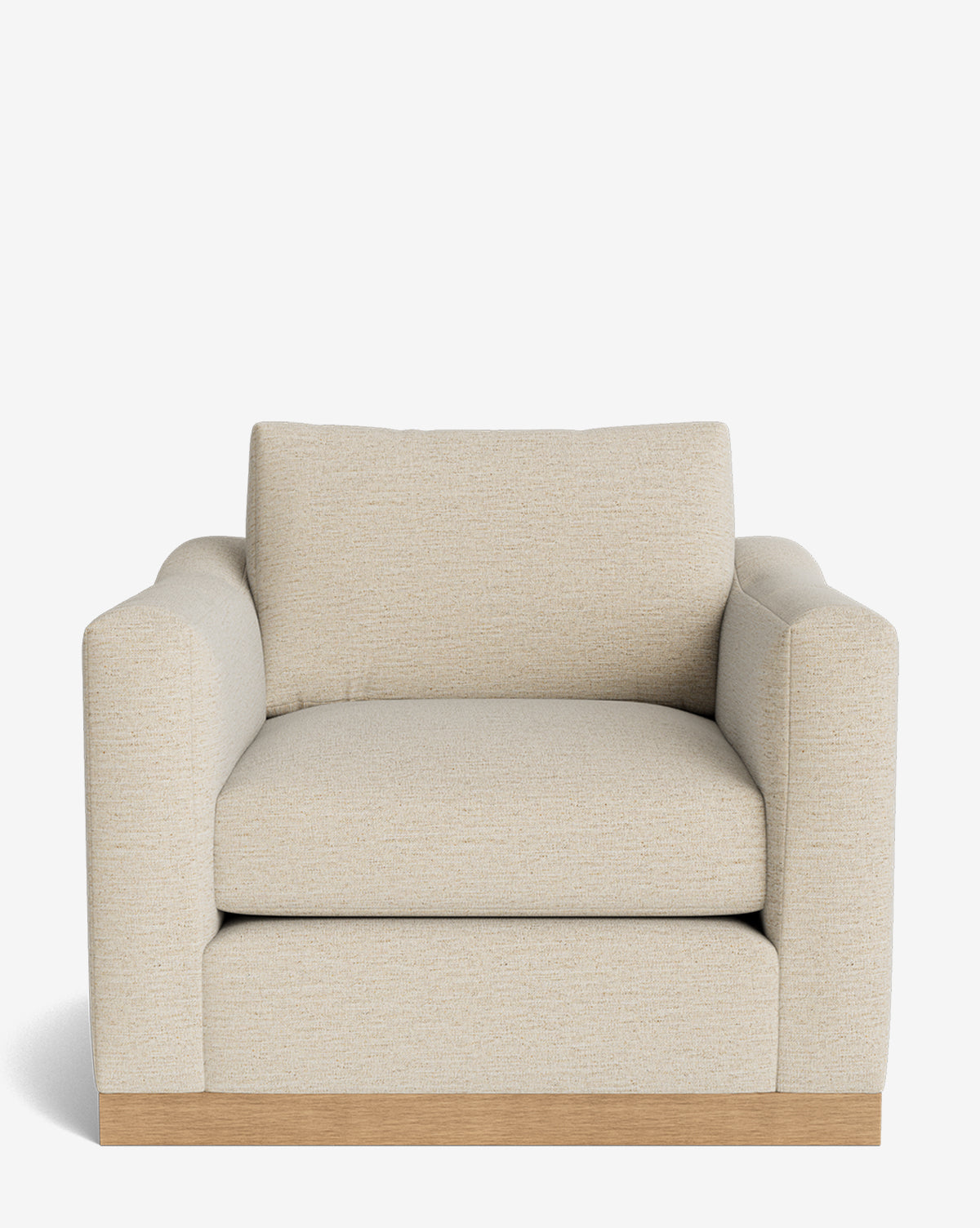 The Vernon Lounge Chair showcases beige customizable upholstery, a boxy design, plush seat and back cushions, wide armrests, and a sturdy alder wood frame against a plain white background by McGee & Co.