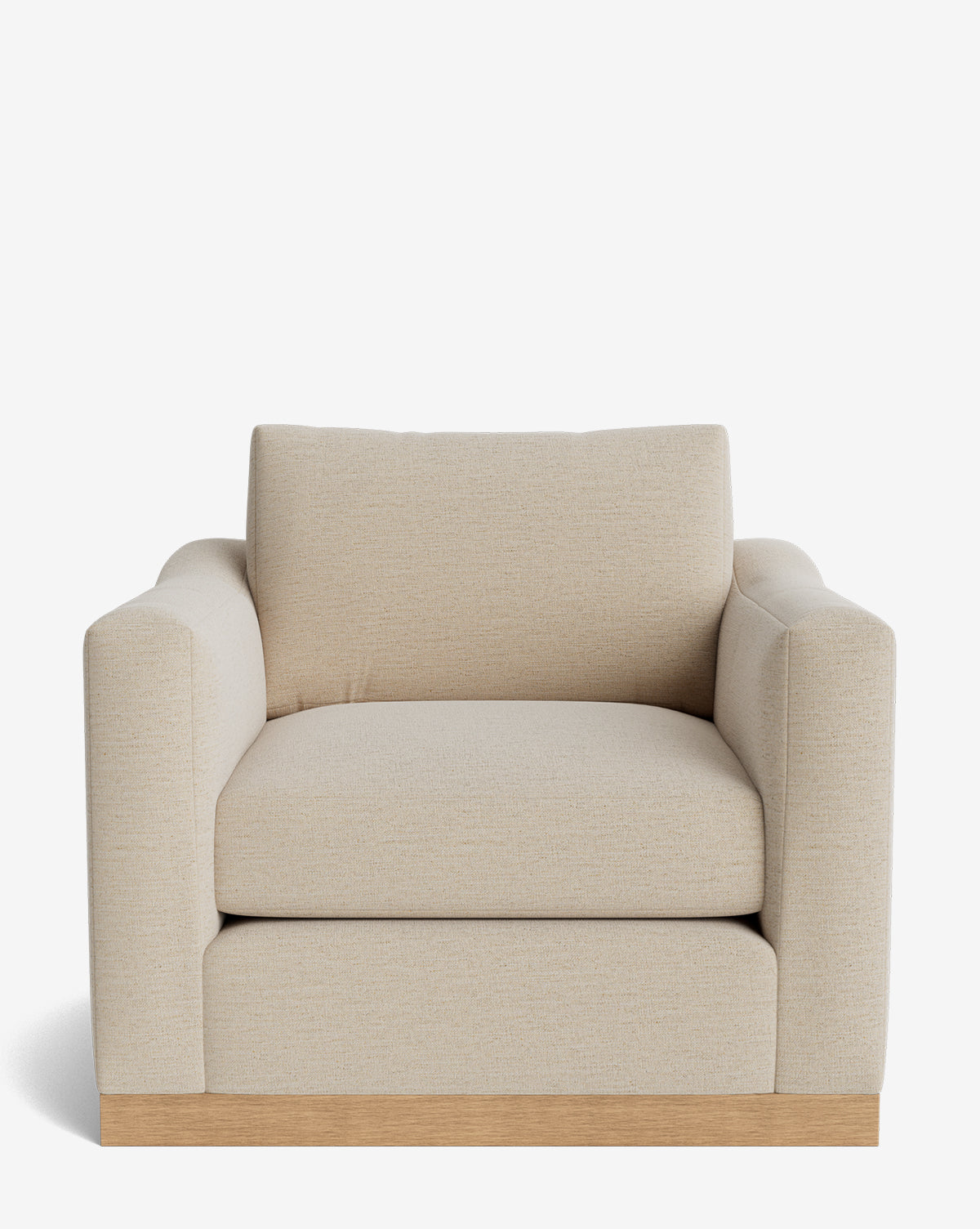 The Vernon Lounge Chair showcases a wide, modern design with customizable light beige upholstery, thick cushions, and a sturdy alder wood frame, displayed front-facing against a plain white background by McGee & Co.