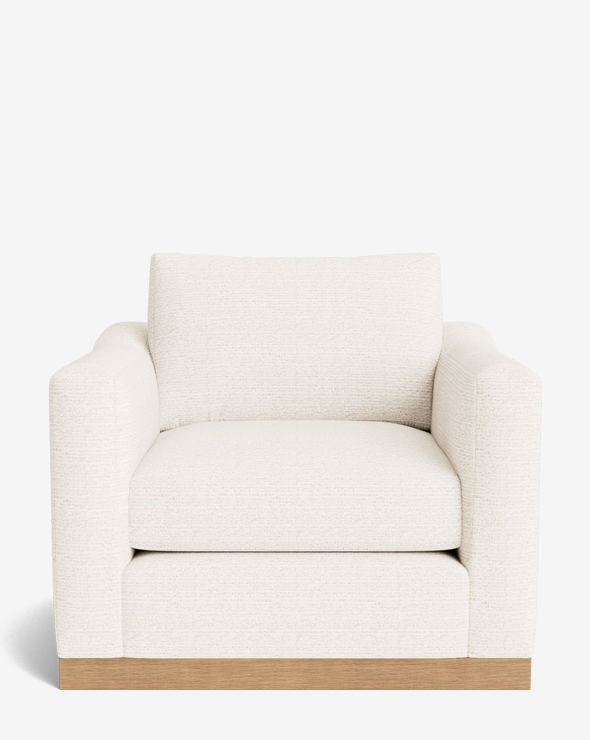 The Vernon Lounge Chair showcases a modern look with thick square armrests, customizable off-white upholstery, and a sturdy alder wood frame, all presented against a plain white background by McGee & Co.