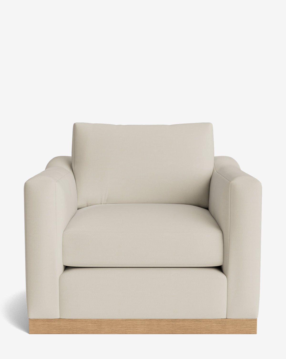 The Vernon Lounge Chair features customizable light beige upholstery, plush cushions, straight arms, and a sturdy alder wood frame, by McGee & Co. Shown facing forward against a plain white background.