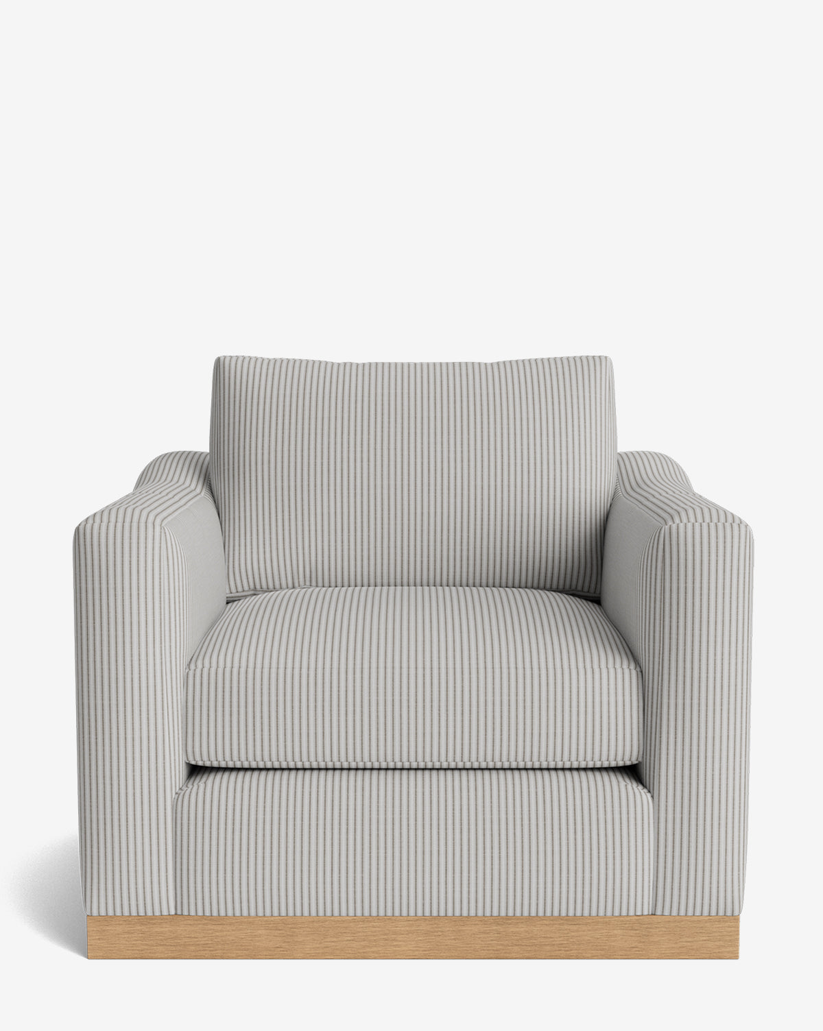 The Vernon Lounge Chair features customizable upholstery in light gray and white vertical stripes, plush cushions, and a sturdy alder wood frame, shown from the front against a plain white background by McGee & Co.