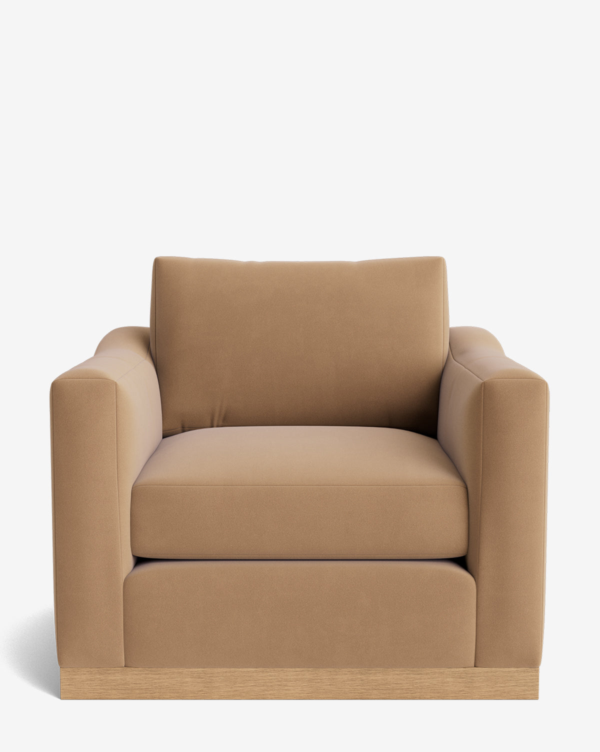 The Vernon Lounge Chair is a modern, boxy chair with tan customizable upholstery, thick cushions, wide armrests, and an alder wood frame base, shown against a plain white background by McGee & Co.