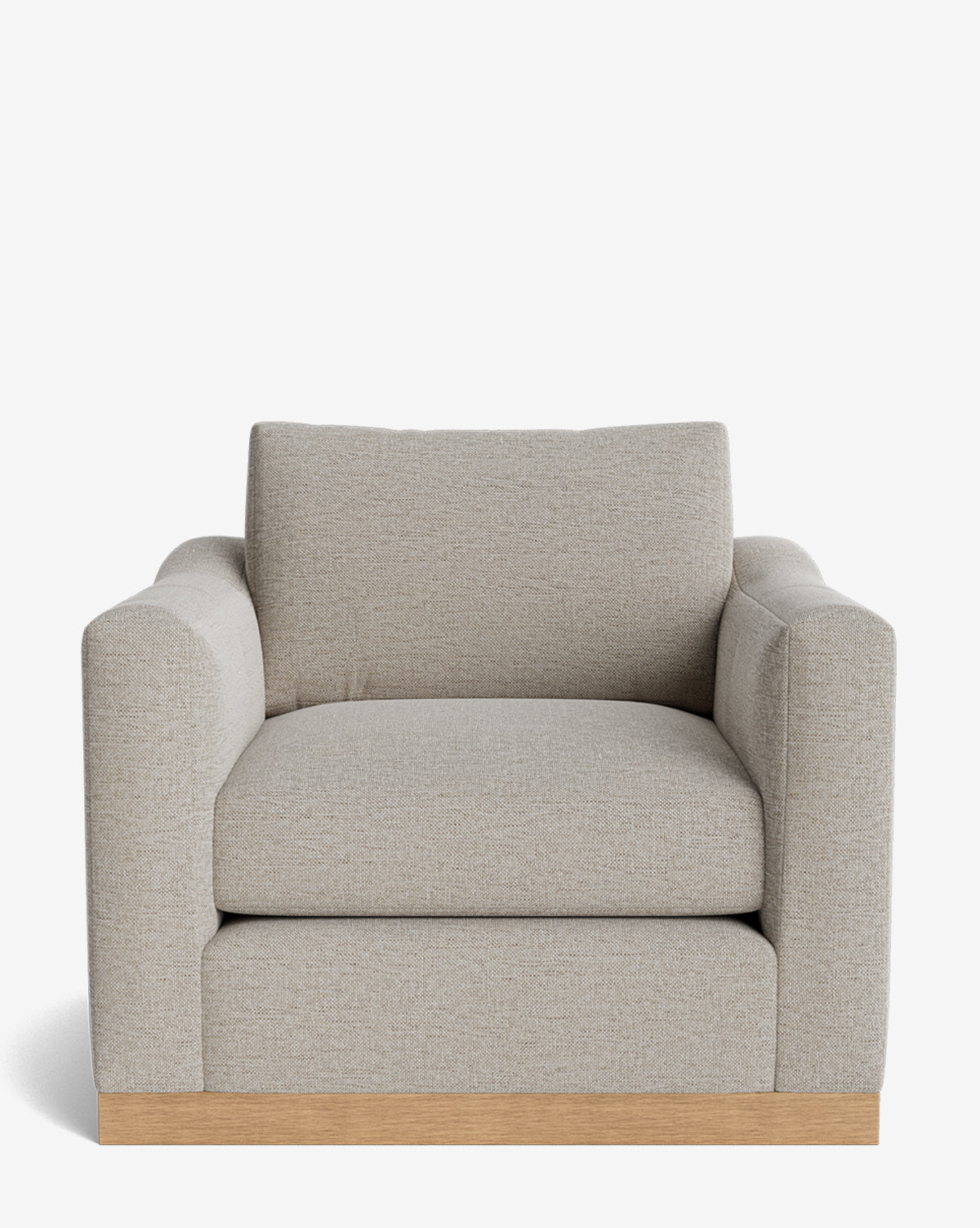 The Vernon Lounge Chair showcases a modern look with thick seat and back cushions, square armrests, a light alder wood frame, and customizable light beige upholstery, as displayed on a plain white background by McGee & Co.