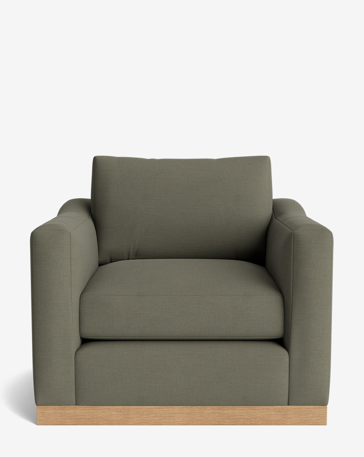 Front view of the Vernon Lounge Chair, showcasing customizable olive green upholstery, wide padded arms, a boxy cushion, and a light alder wood frame base, set against a plain white background by McGee & Co.