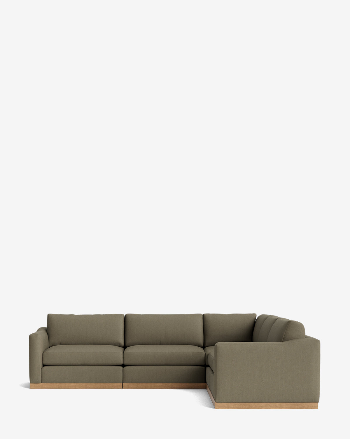 The Vernon Modular L Sectional 117.5 features olive green upholstery and a light wooden base, showcased against a plain white background, by Vendixs