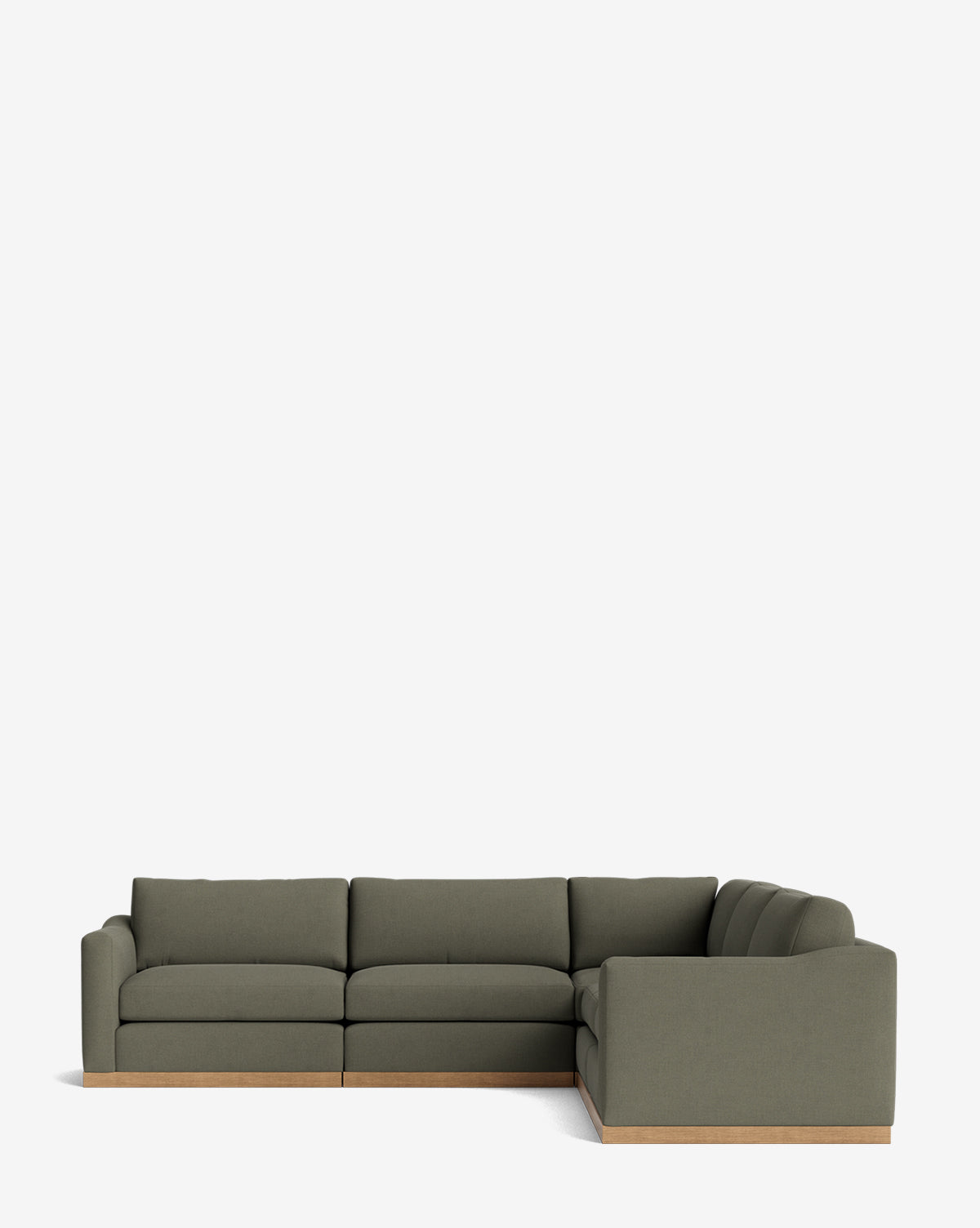 The Vernon Modular L Sectional 117.5 is a modern olive green velvet sofa with three seats and a chaise lounge on a low wooden base, forming an L-shape. It stands out beautifully against a plain white background, by Vendixs