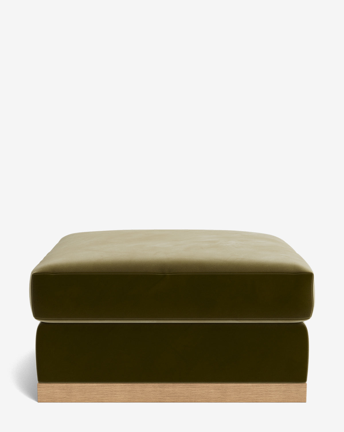The Vernon Modular Ottoman is a square, olive green velvet piece with a plush cushion top and a light wooden base, displayed against a plain white background by Vendixs