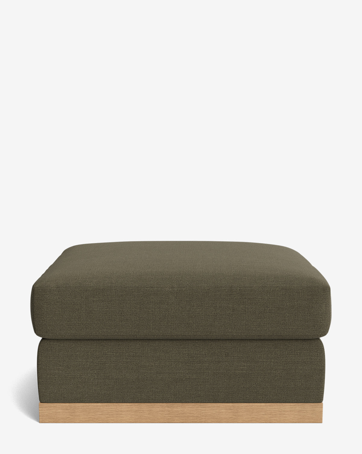 The Vernon Modular Ottoman features a square, olive green velvet design with a cushioned top and light wood base, displayed against a plain white background, by McGee & Co.