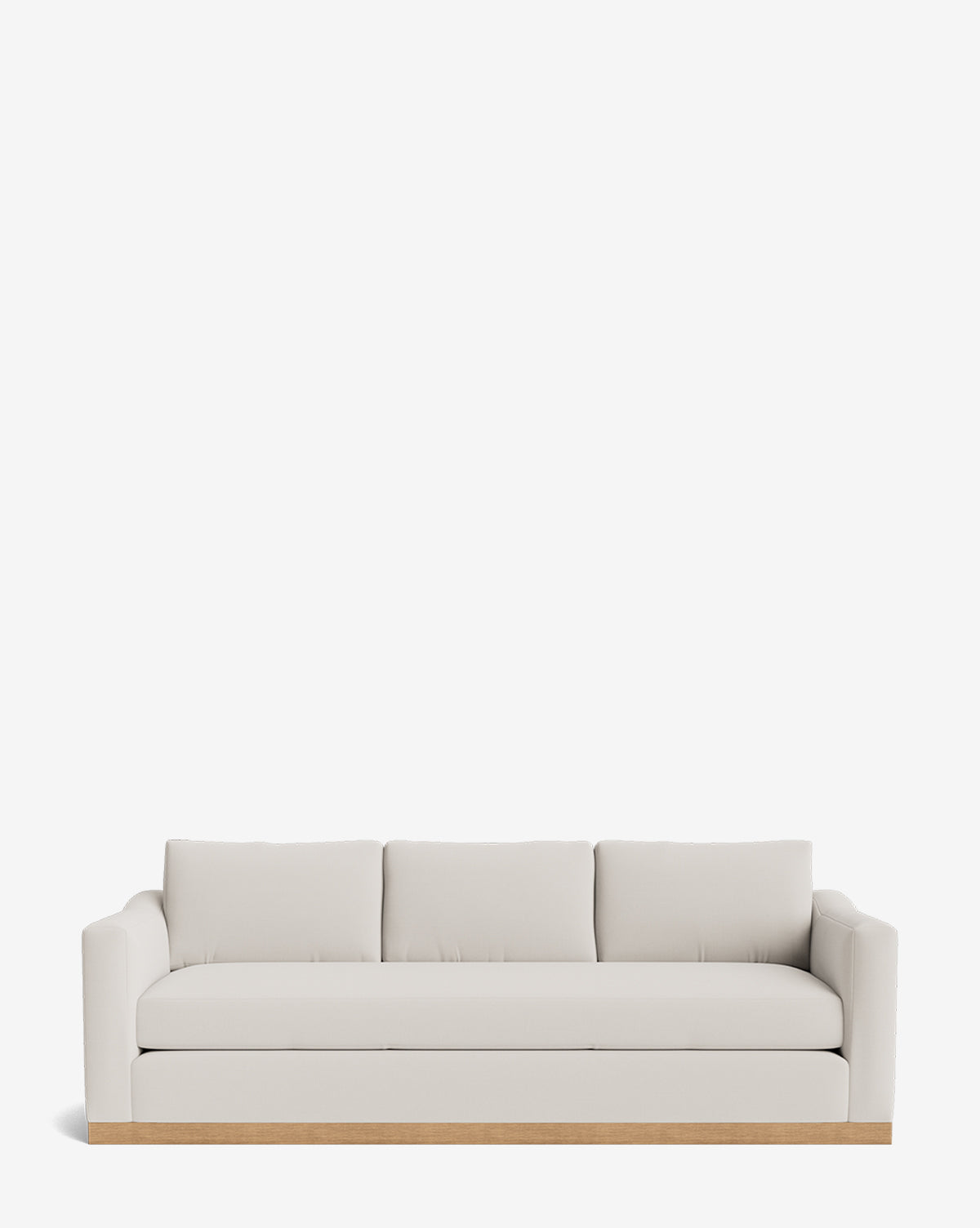 The Vernon Sofa 92 features light beige upholstery, straight arms, three seat and back cushions, and an alder wood frame base, all showcased against a plain white background by McGee & Co.