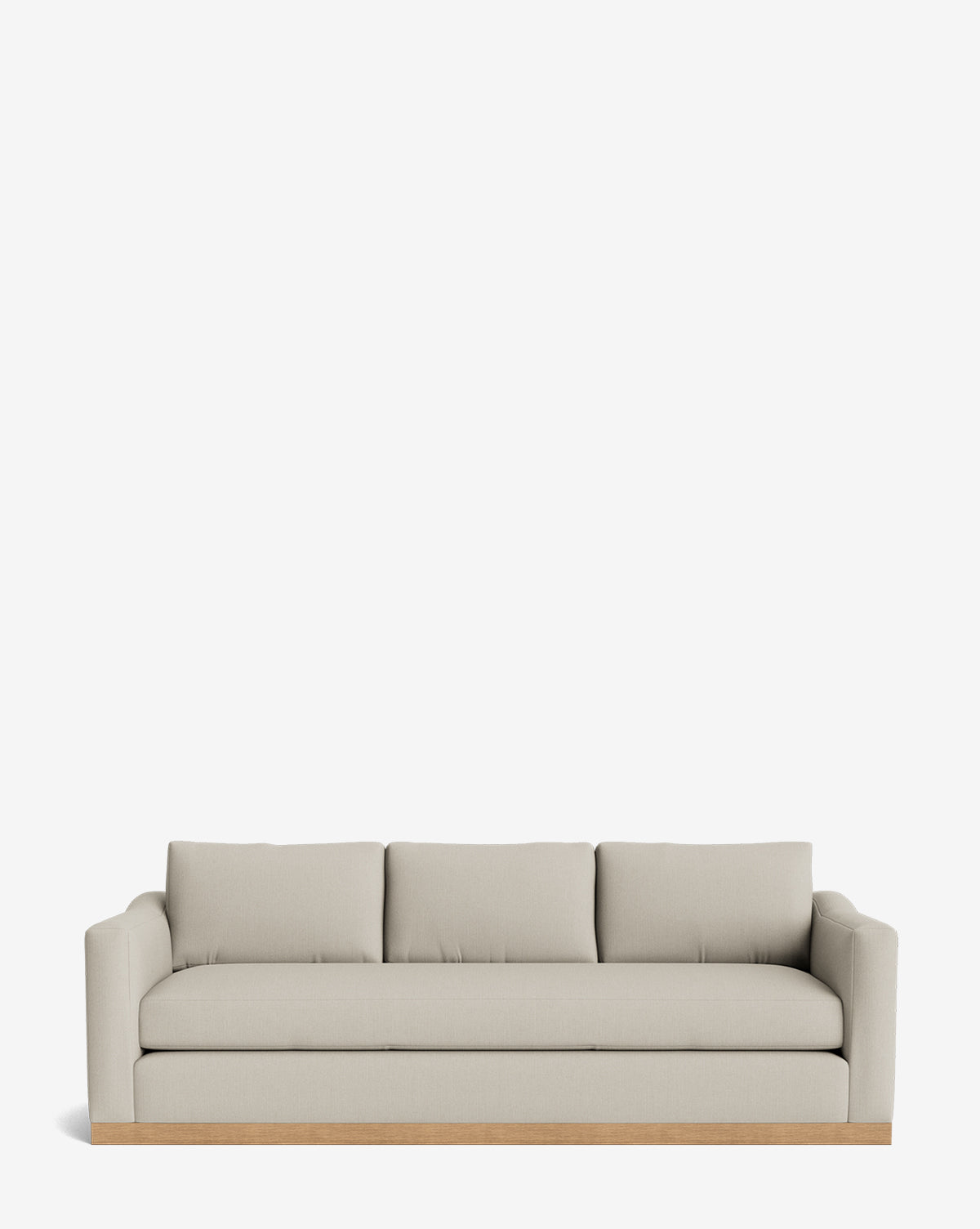 The Vernon Sofa 92 is a modern, light beige three-seater with square arms and an alder wood frame, featuring a sturdy wooden base, by McGee & Co.