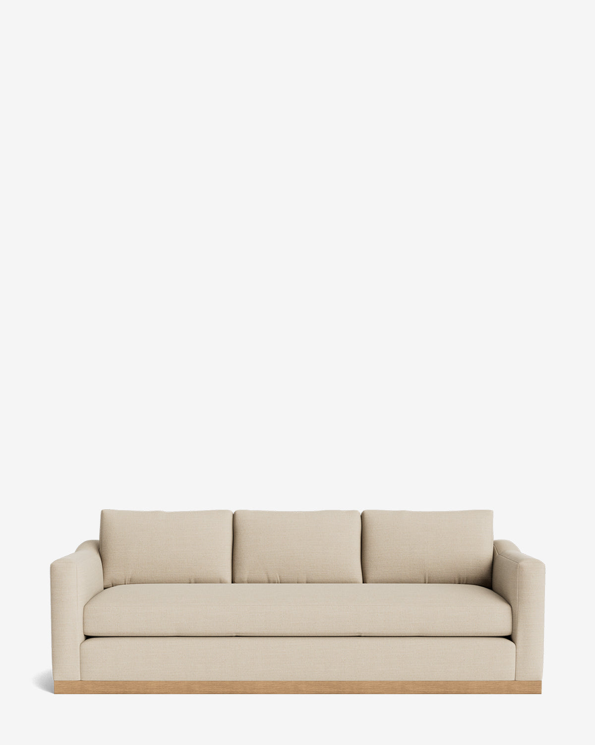 A Vernon Sofa 92 in beige with three cushions, a sturdy alder wood frame, and low square arms is centered against a plain white background, by McGee & Co.