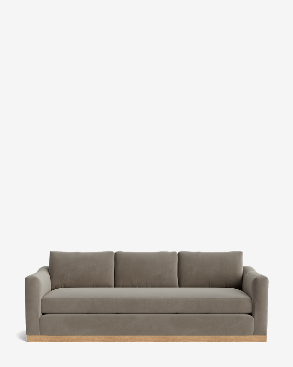 The Vernon Sofa 92 is a modern, three-seat velvet sofa with gray upholstery, square arms, three back cushions, and an alder wood frame with a light wooden base, shown on a plain white background by Vendixs