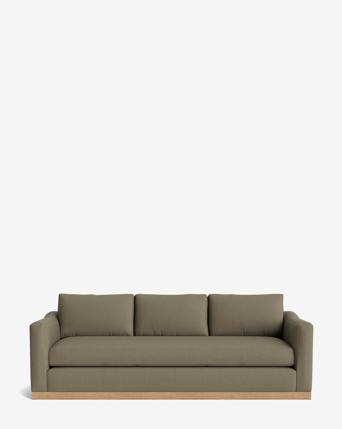 The Vernon Sofa 92 features olive green velvet upholstery, three seat and back cushions, straight arms, and a light alder wood frame, displayed against a plain white background by McGee & Co.