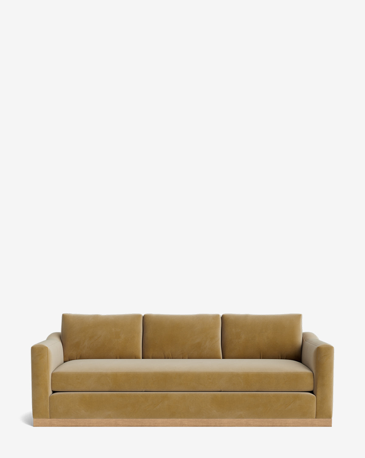 The Vernon Sofa 92 is a modern three-seater upholstered in mustard yellow velvet, featuring three seat and back cushions, wide square armrests, and a light alder wood frame. Shown against a plain white background by McGee & Co.