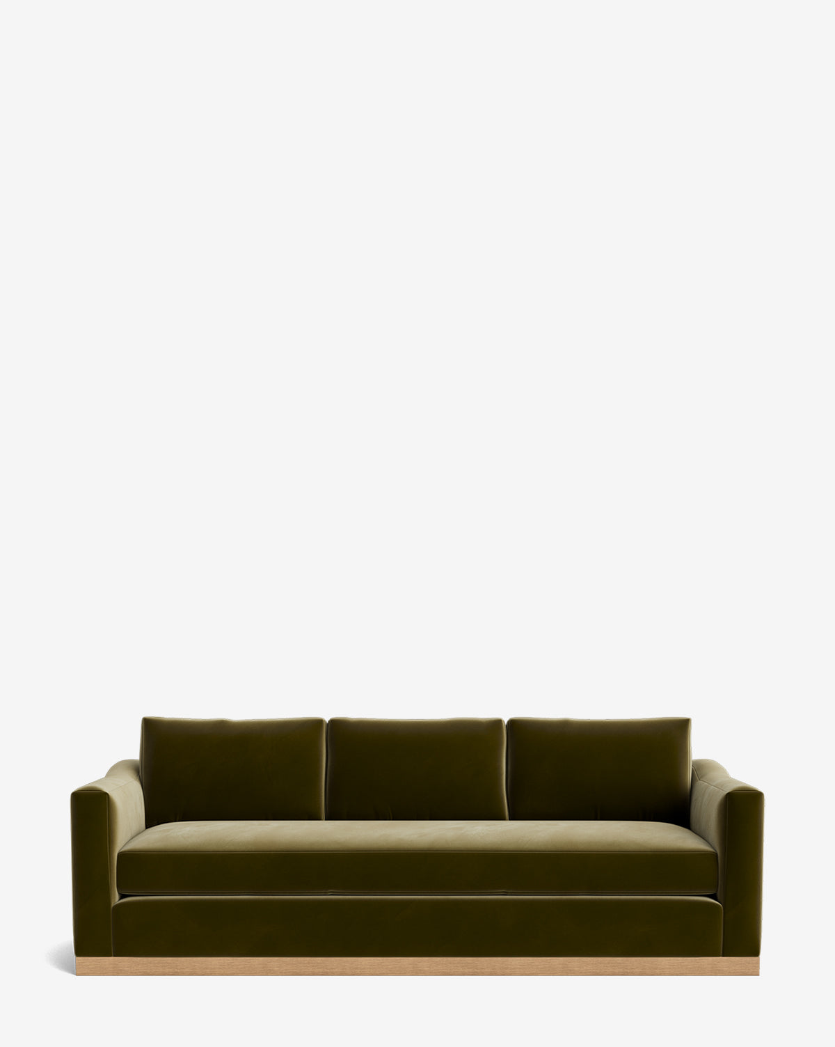 The Vernon Sofa 92 features modern olive green velvet upholstery, three seat cushions, straight armrests, and a light alder wood frame, shown against a plain white background by McGee & Co.