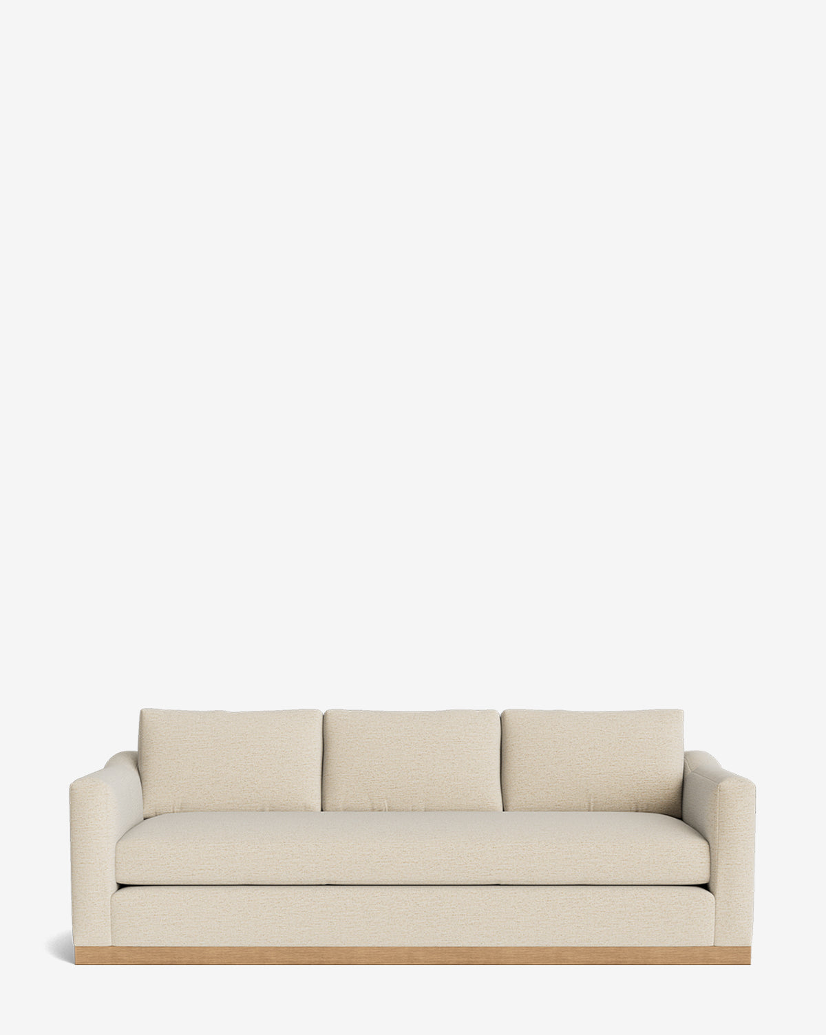 A modern Vernon Sofa 92 in beige with three seat and back cushions, low arms, and a sleek alder wood frame, shown against a plain white background, by McGee & Co.