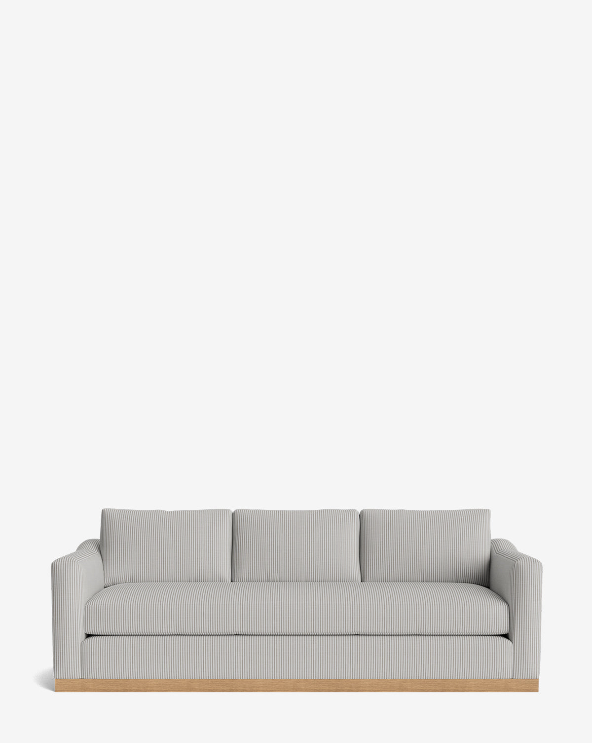 The Vernon Sofa 92 features light gray and white vertical stripes, three seat and back cushions, and an elegant alder wood frame, all set against a plain white background, by Vendixs