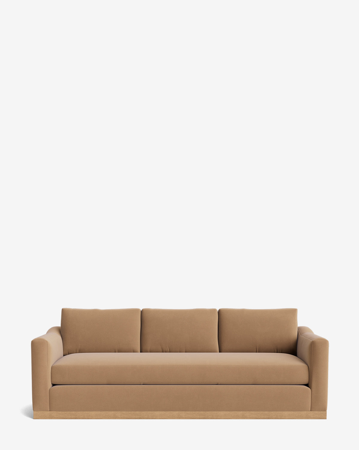 The Vernon Sofa 92 is a modern tan velvet sofa with three seat and back cushions, wide armrests, and an alder wood frame, shown against a plain white background by Vendixs