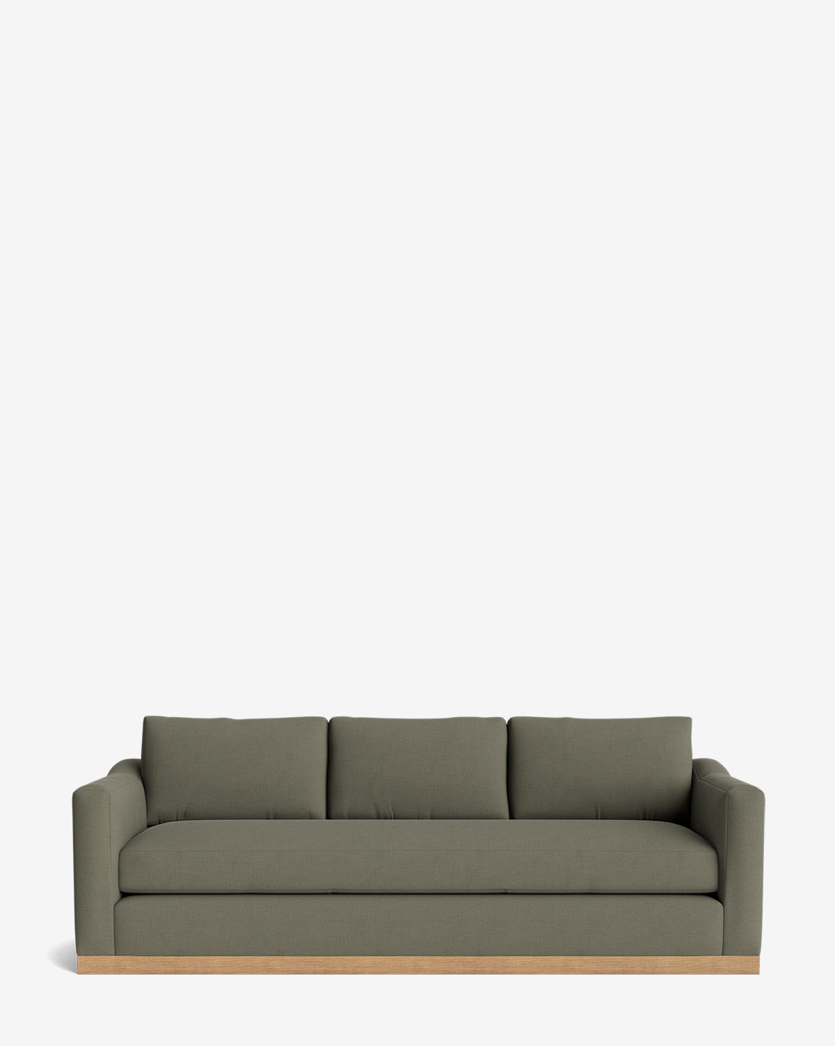 The Vernon Sofa 92 is a modern olive green velvet three-seater with straight arms, three back cushions, and an elegant alder wood frame, shown against a plain white background by McGee & Co.