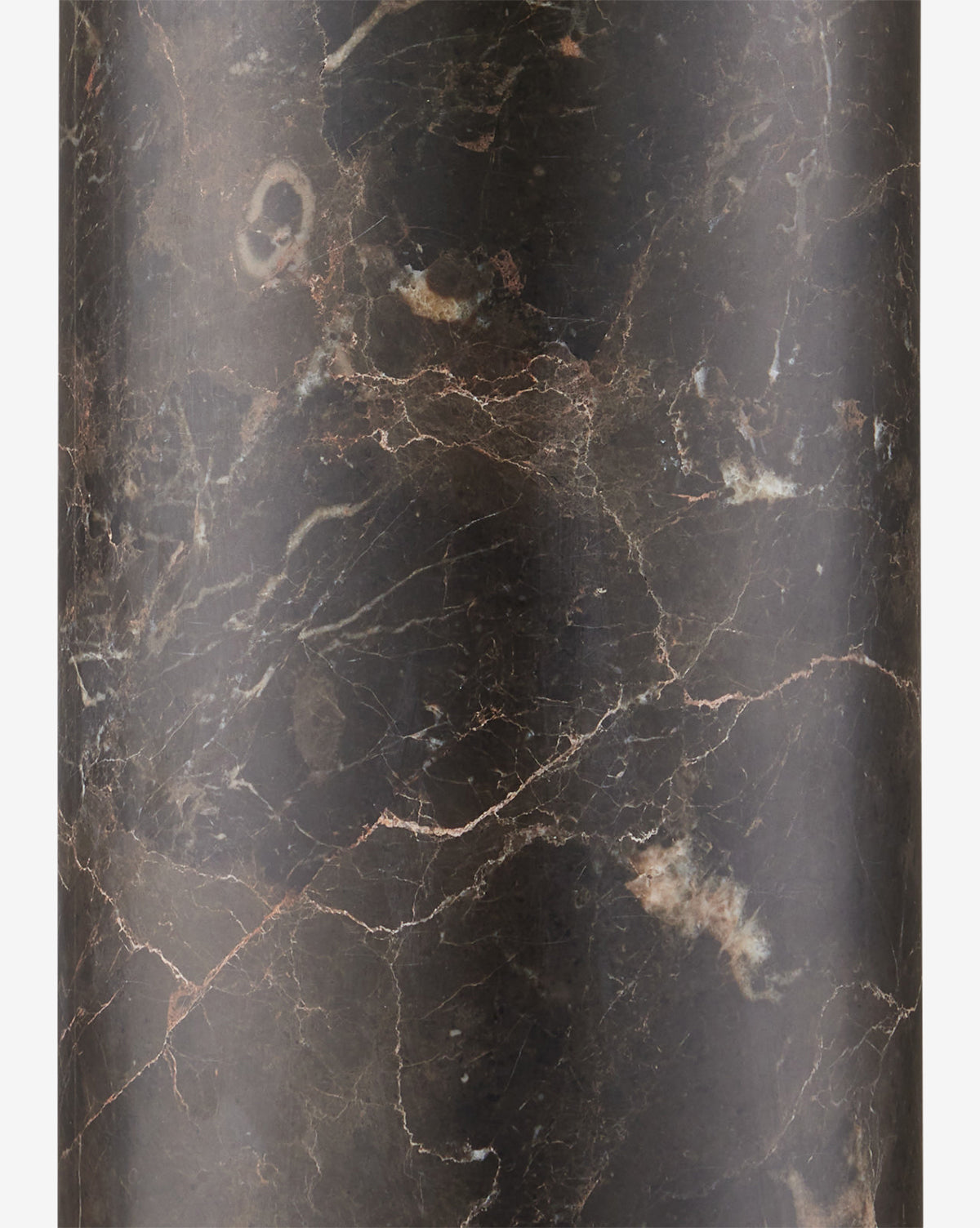 Detailed close-up of a dark brown marble surface with light brown and white veins, highlighting the rich, polished stone texture—ideal for the Vespera Table Lamps elegant marble column base and antique brass accents, by Vendixs