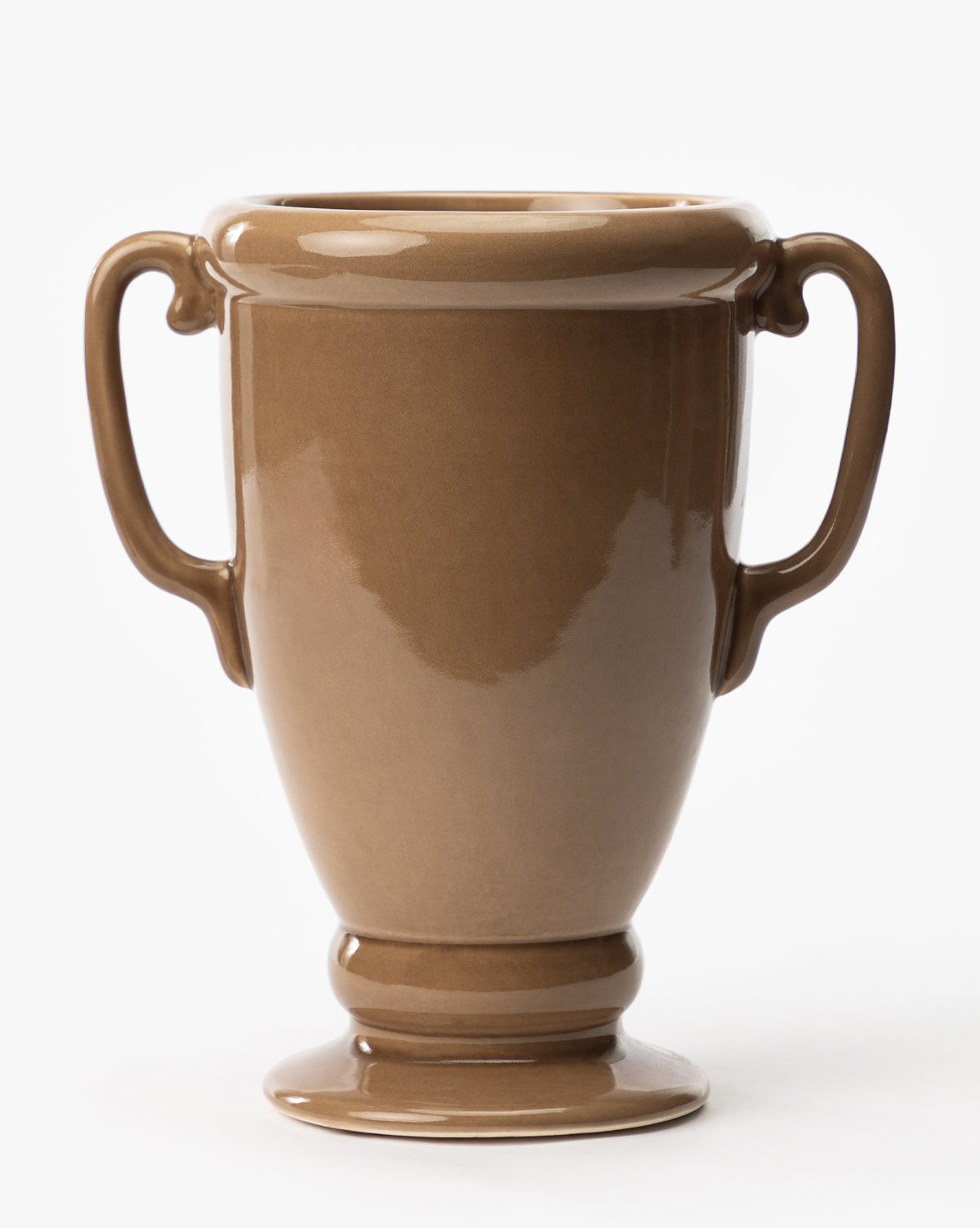 The Victoire Vase features a glossy brown finish, dual handles, a wide circular opening, and a flared pedestal base, displayed against a plain white background, by Vendixs