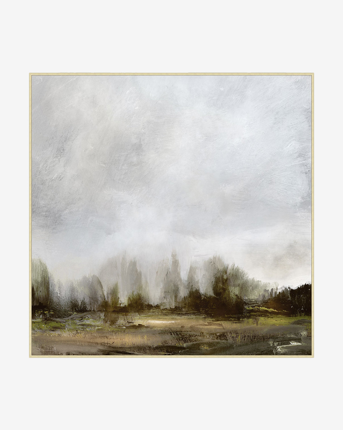 Victoria Overlook by Dan Hobday is a landscape painting on gallery-wrapped canvas, featuring a misty sky above blurred trees and fields in soft, muted gray, green, and brown tones, by Vendixs