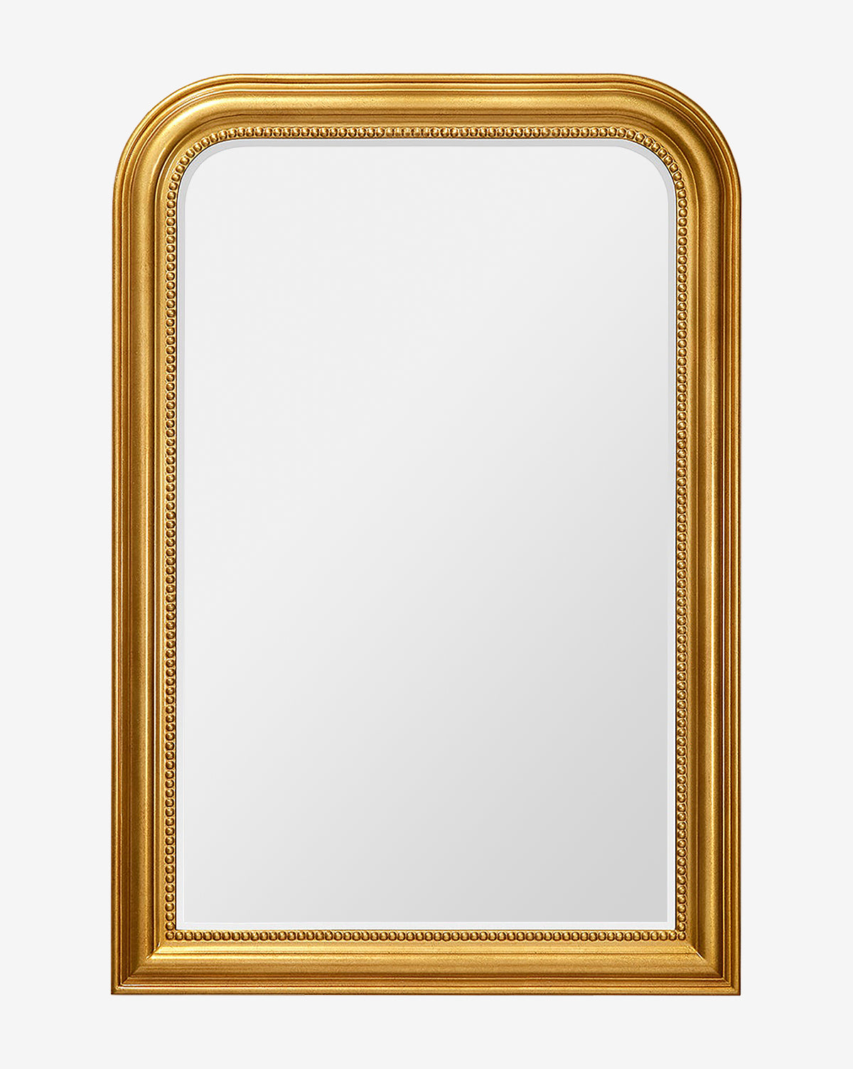 The Vienna Mirror is a rectangular mirror with rounded top edges, featuring an ornate gold-leaf frame and beaded detailing along the molded border. It is shown reflecting a plain white background, by Vendixs