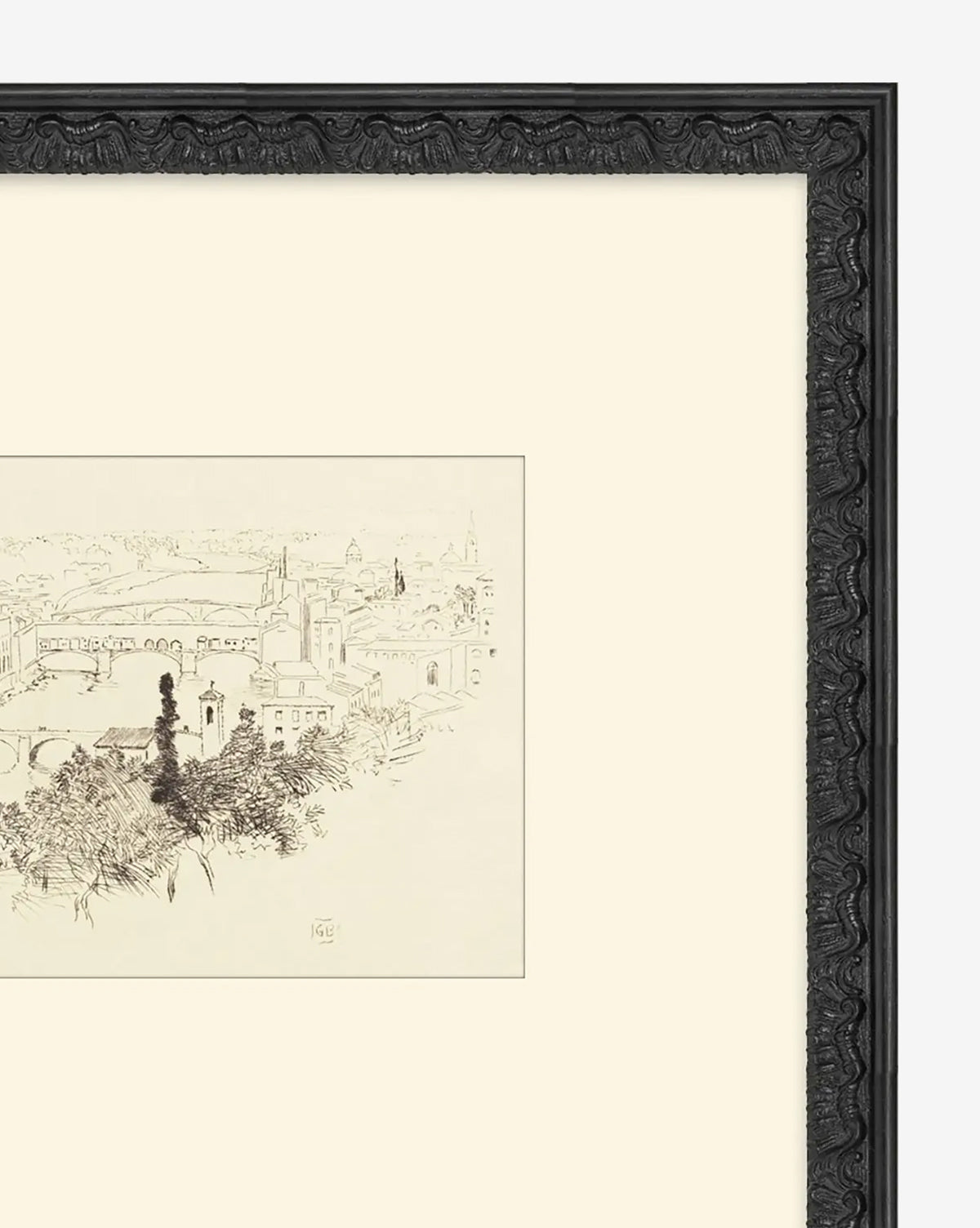 The View From Florence is a framed black-and-white cityscape sketch showing buildings, bridges, and trees on matte paper, partially visible behind a cream mat and ornate dark frame by Vendixs