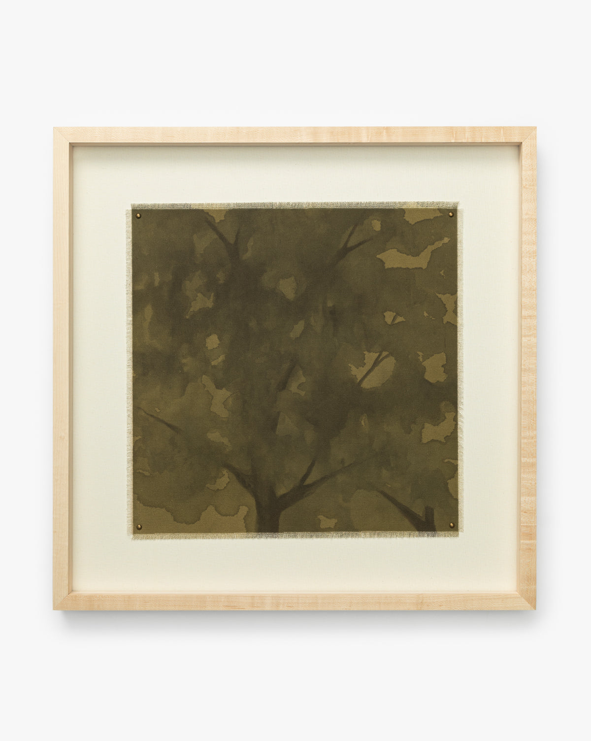 Viewpoint by Britney Schulz is a framed artwork featuring abstract, muted green and brown tree branches and leaves, with soft edges and texture, set on a neutral background in a light oak frame for a museum-quality canvas finish, by Vendixs