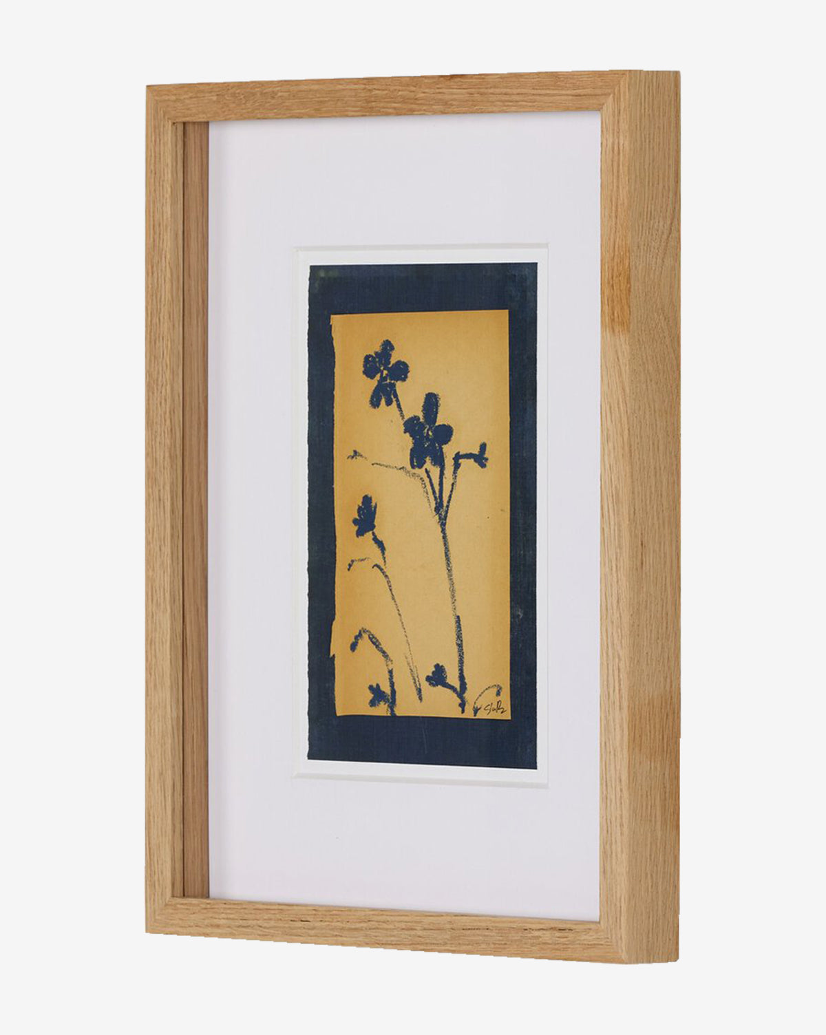 Vintage Blue Daisy by Shaina Page features a botanical print of dark blue wildflower silhouettes on yellow fine art paper, presented with a wooden oak frame, dark blue border, and white matting, by Vendixs