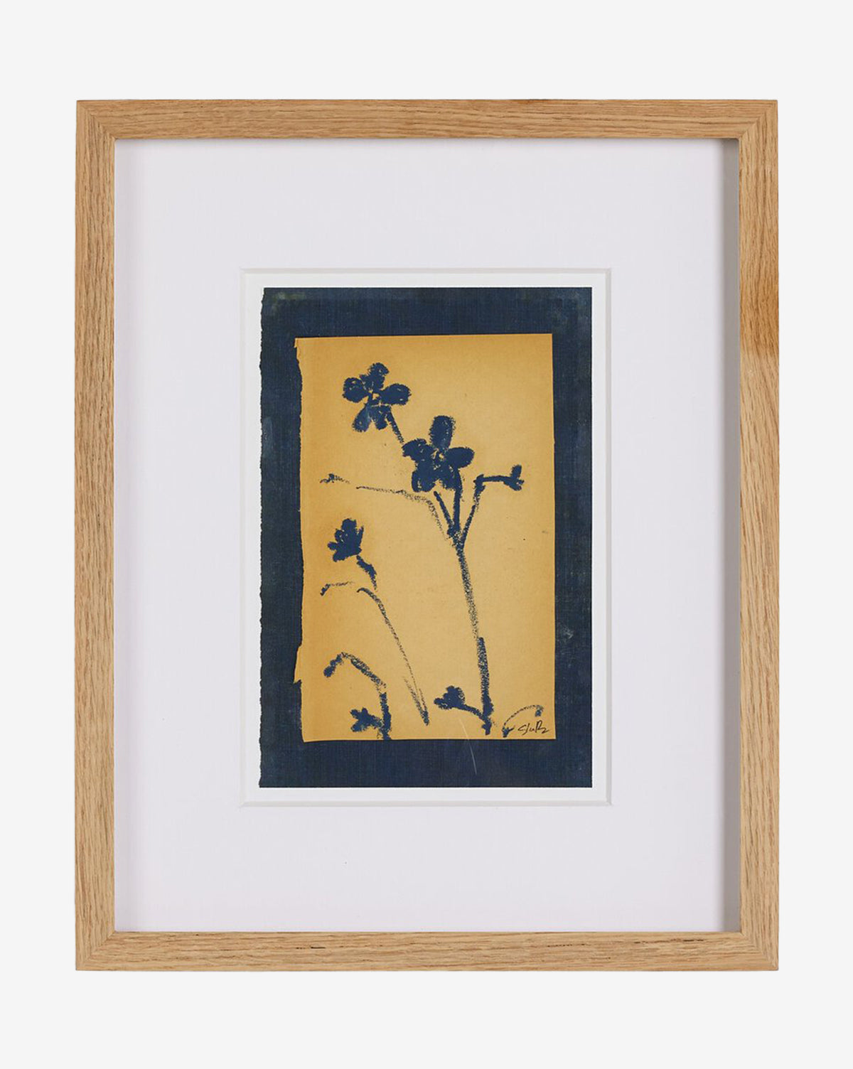 Vintage Blue Daisy by Shaina Page: Framed botanical print with blue daisies and stems on yellow, dark blue border, oak frame with white mat, printed on fine art paper, by Vendixs