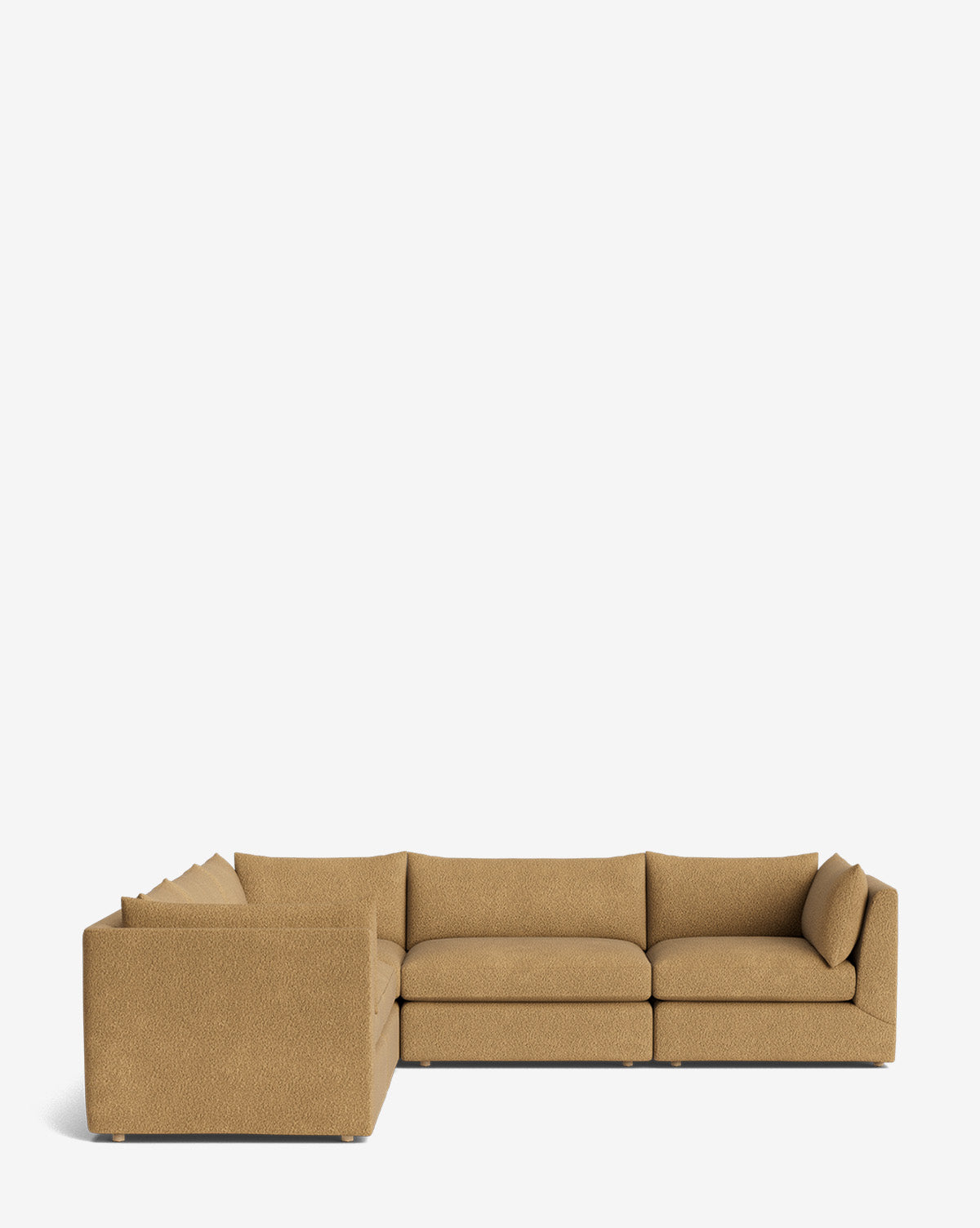 The Makerspalm Vivienne Modular L Sectional features a tan design with three seat cushions on the long side, two on the short side, and low backs and armrests, shown against a plain white background. Vendixs