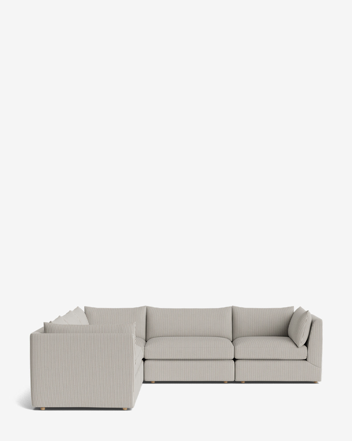 The Makerspalm Vivienne Modular L Sectional features light gray striped upholstery, plush seat and back cushions, a low profile, and wooden block feet, displayed against a plain white background. Vendixs