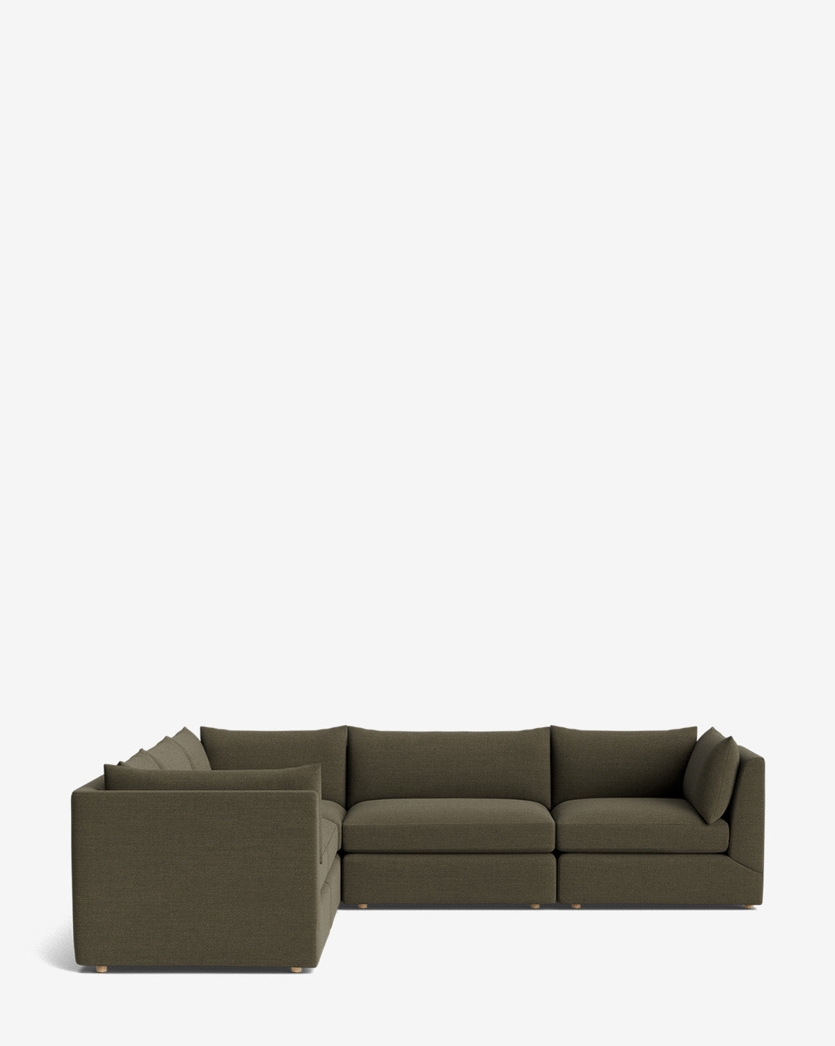 The Vivienne Modular L Sectional by Makerspalm is a modern, minimalist sofa with deep olive green upholstery, plush cushions, and low wooden feet, set against a plain white background. Vendixs