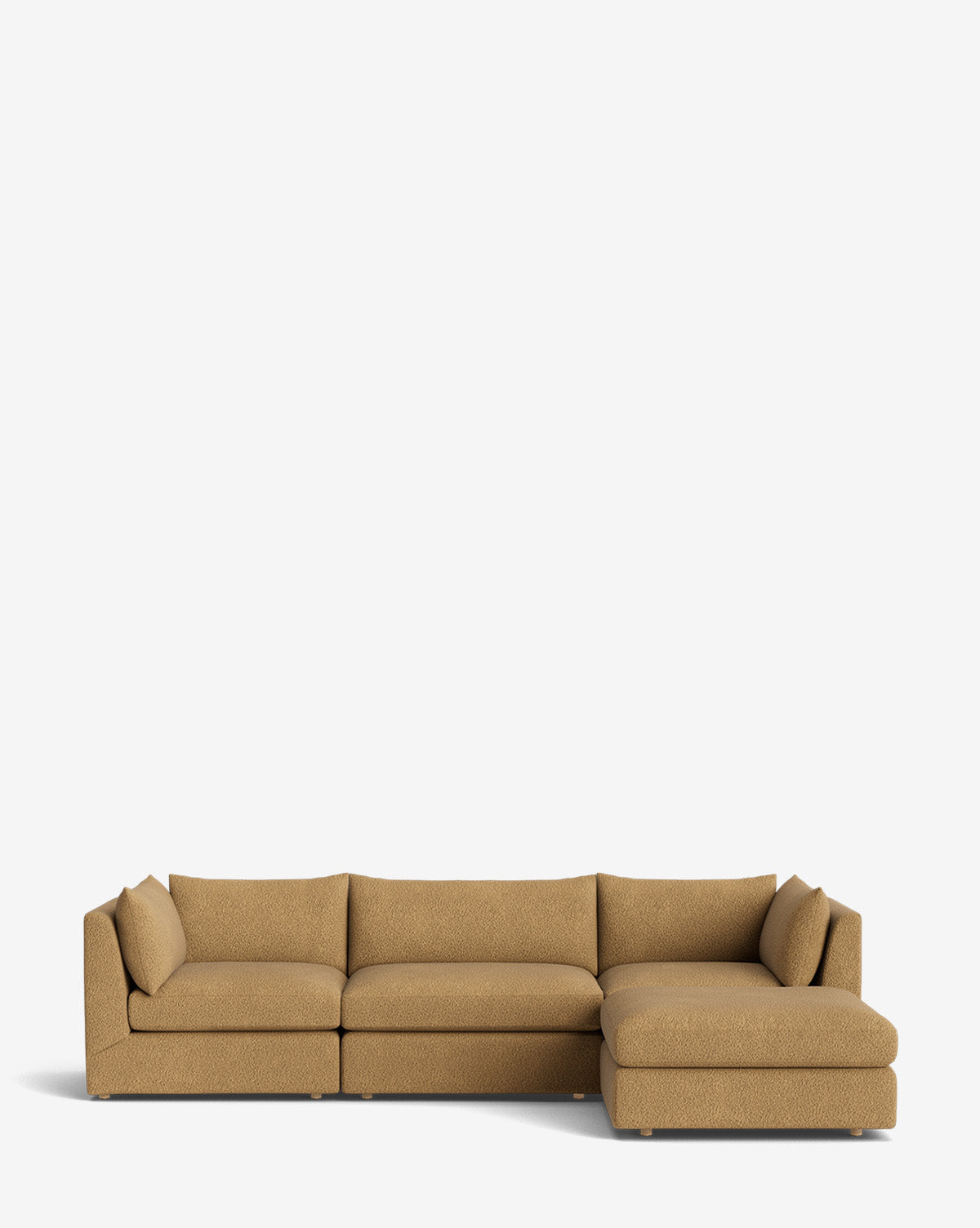 Vivienne Modular Sofa with Ottoman in tan, featuring three seat cushions, a right-side extended chaise lounge, and plush back and side cushions. Handmade with clean lines, shown on a plain white background by Vendixs