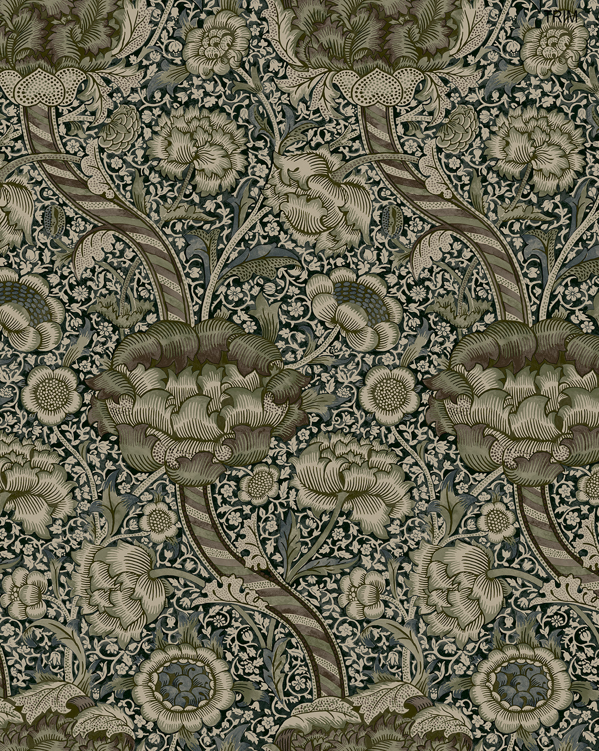 The Morris & Co. x Vendixs Wandle Wallpaper by Sanderson Design Group, Inc. features an ornate vintage floral pattern in muted greens and browns, with large blooms, winding stems, and dense leafy details inspired by classic Morris & Co. designs—McGee & Co.