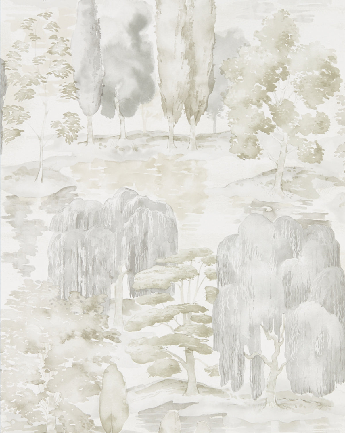 Sanderson Design Group, Inc.s Waterperry Wallpaper features watercolor-inspired willows and tall poplars in soothing green and gray tones, creating a calm, dreamy atmosphere with a classic aesthetic. Vendixs