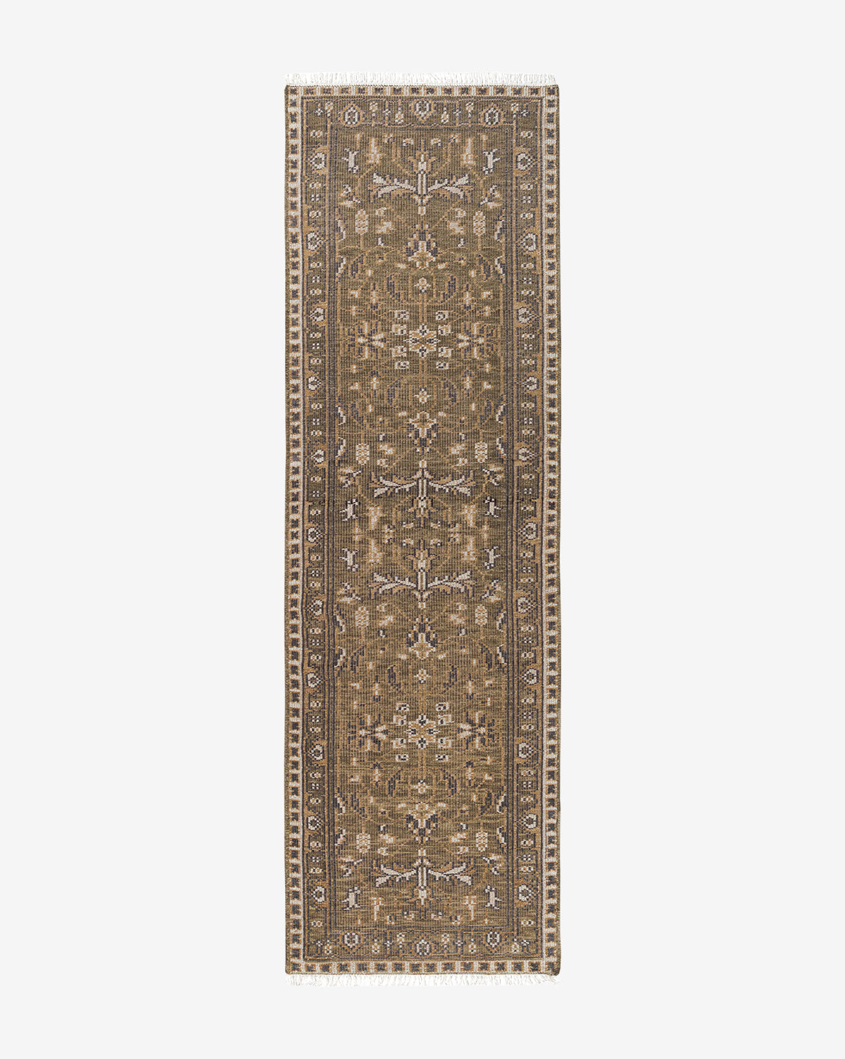 The Wayland Hand-Knotted Wool Rug is a long, rectangular brown rug with an intricate symmetrical pattern of floral and geometric designs, finished with a detailed border on all sides, by Vendixs