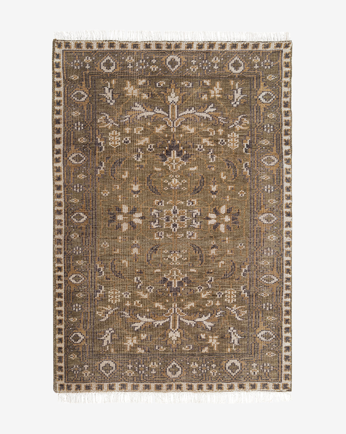 The Wayland Hand-Knotted Wool Rug is rectangular, featuring symmetrical floral and geometric patterns in brown and beige, a detailed border, and short white fringe on the ends, by Vendixs
