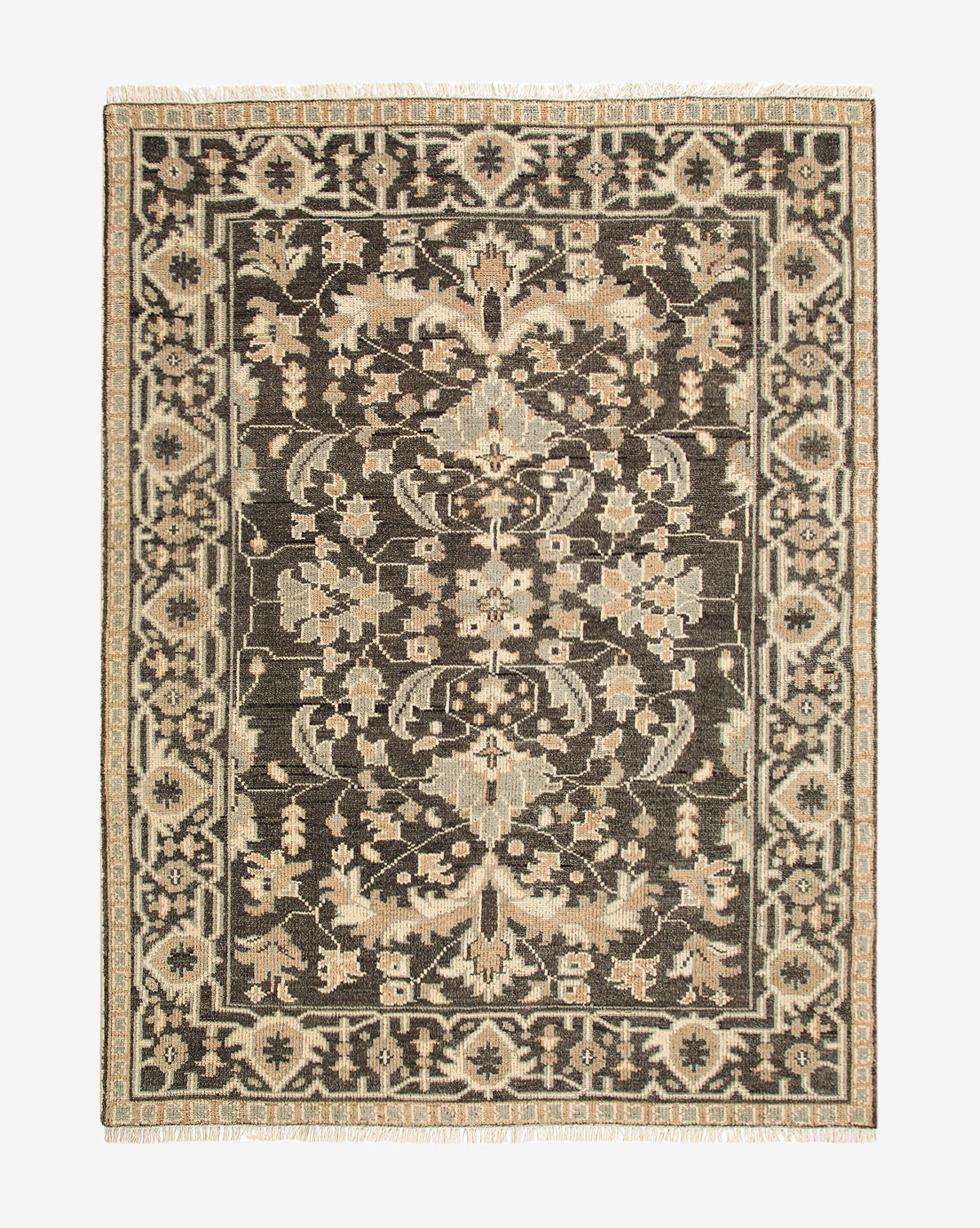 The Wayland Hand-Knotted Wool Rug is a rectangular artisan piece with an intricate floral and geometric pattern in beige and cream on a dark brown background, all framed by a detailed decorative border, by Vendixs