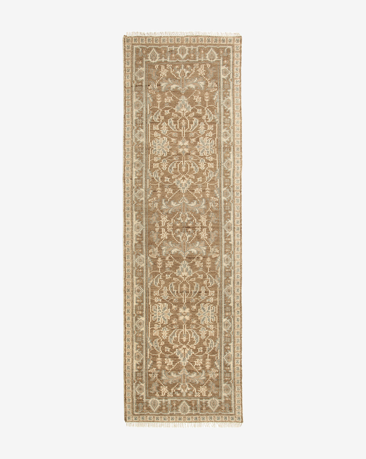The Wayland Hand-Knotted Wool Rug runner features a rectangular shape in beige and brown with an intricate, symmetrical floral and geometric pattern framed by a lighter decorative edge, by Vendixs