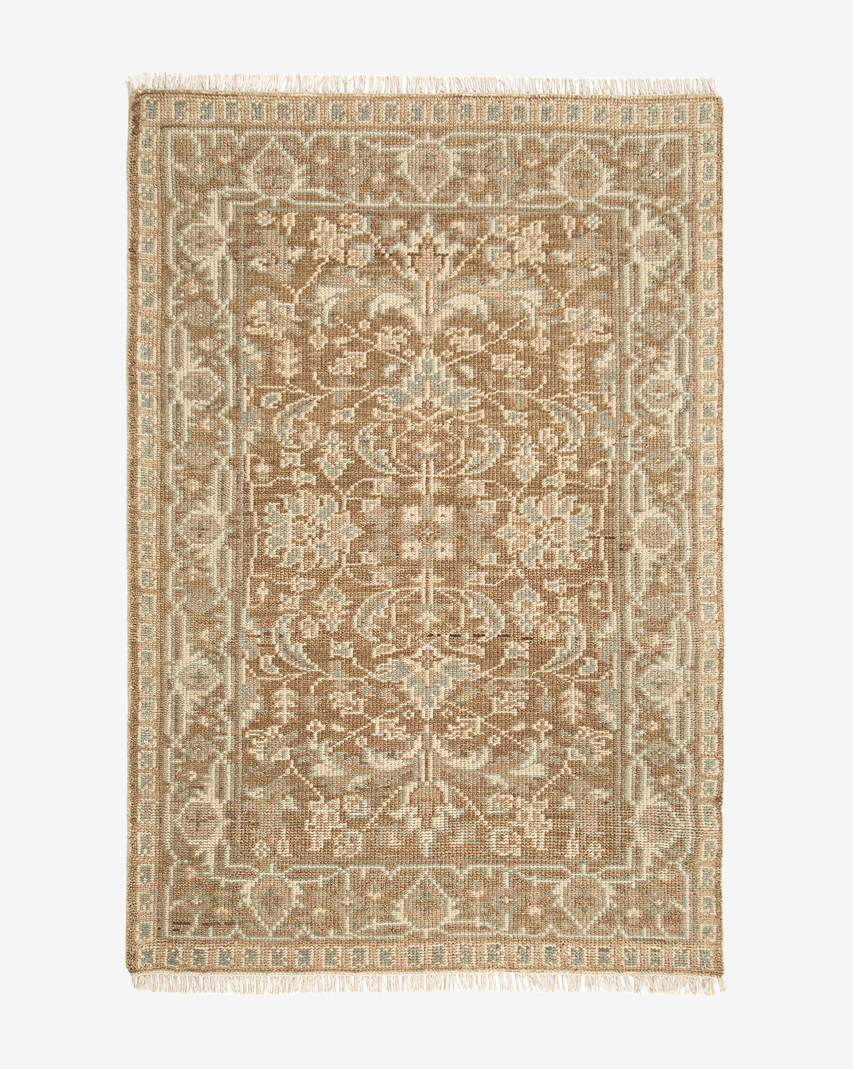 The Wayland Hand-Knotted Wool Rug is a rectangular wool rug in brown and beige, showcasing a traditional pattern with a central medallion, detailed floral and geometric motifs, and decorative fringed edges, by Vendixs
