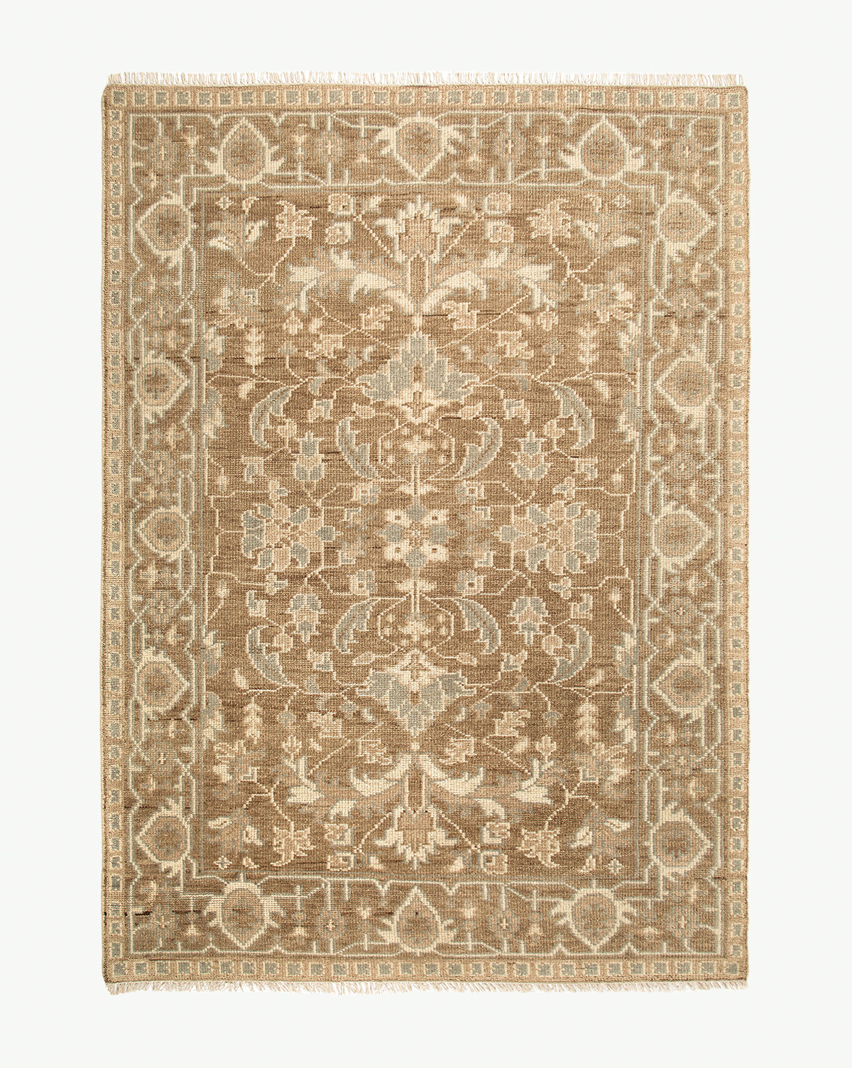 The Wayland Hand-Knotted Wool Rug features intricate, symmetrical floral and geometric patterns in tan, beige, and light blue tones with a wide decorative border, adding timeless elegance to your space, by Vendixs