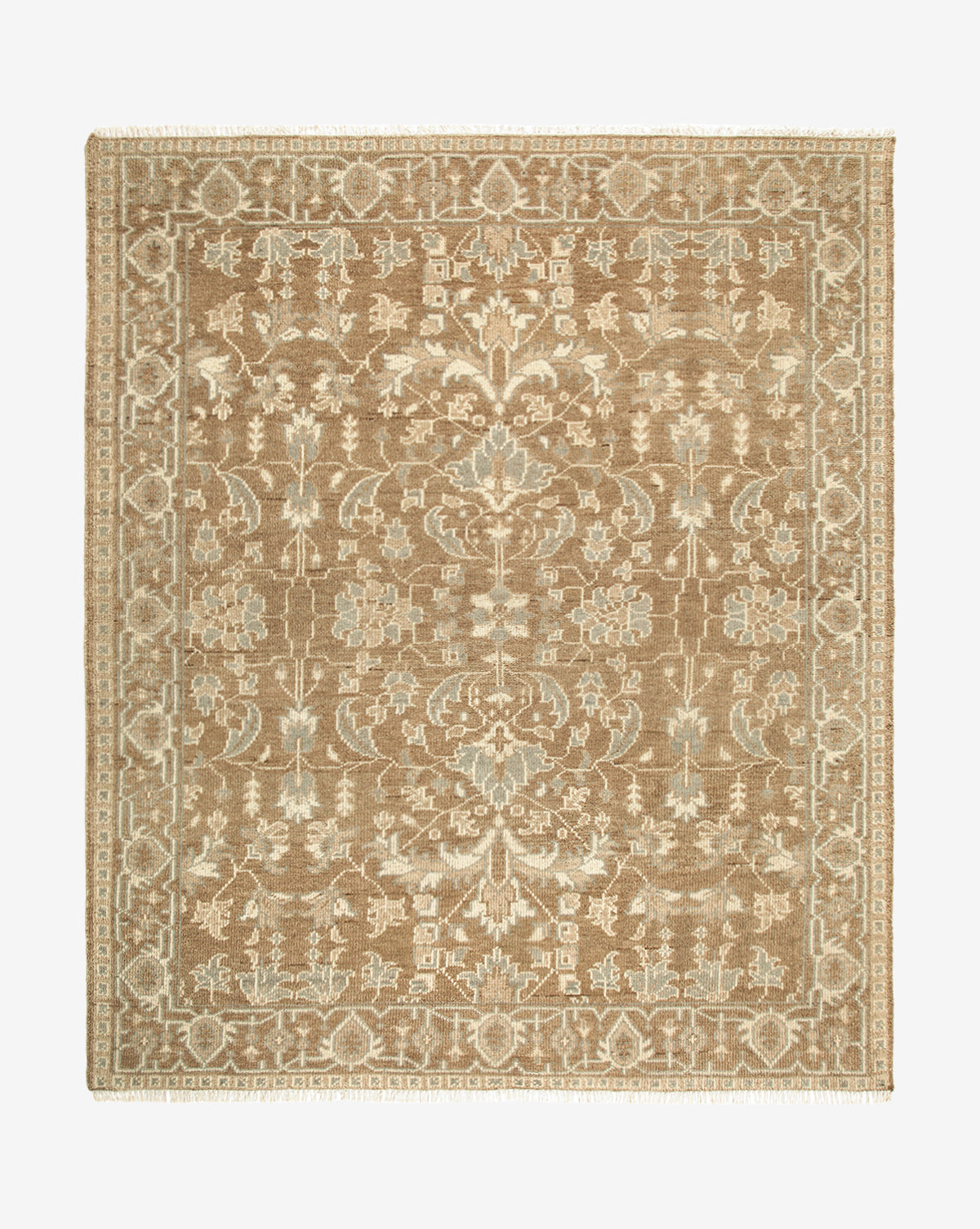 The Wayland Hand-Knotted Wool Rug is rectangular with intricate floral and geometric patterns in beige and ivory, a detailed border, and short fringe on the shorter edges, by Vendixs